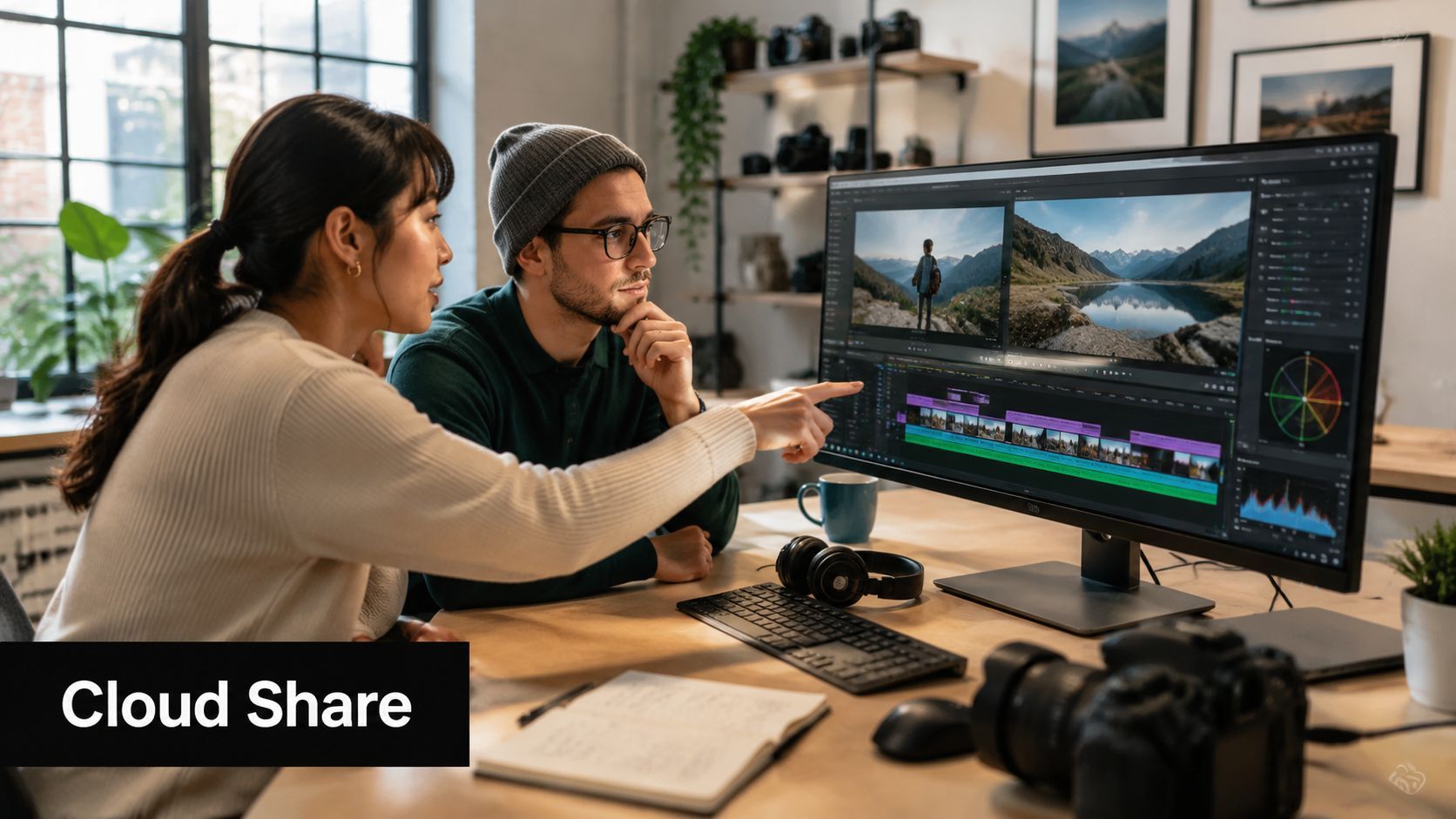 Un home i una dona col·laborant en un projecte d’edició de vídeo en un gran monitor d’ordinador en una oficina.