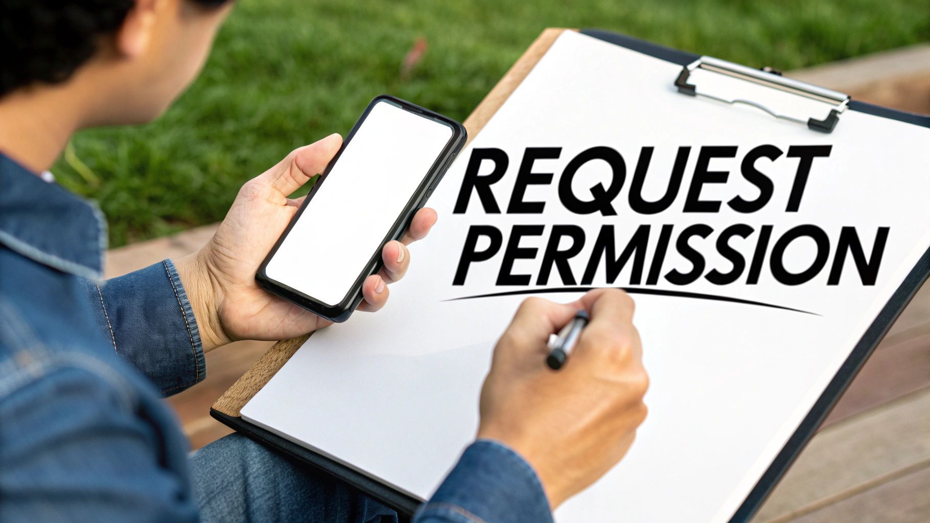Una persona aguantant un smartphone i escrivint 'REQUEST PERMISSION' en una llibreta amb un bolígraf.