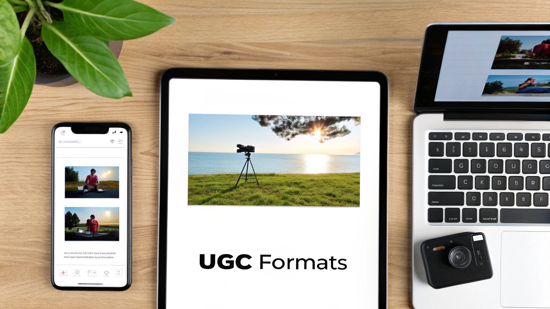 Un escriptori amb un smartphone, una tauleta mostrant 'UGC Formats', un portàtil i una càmera, per a creació de contingut.