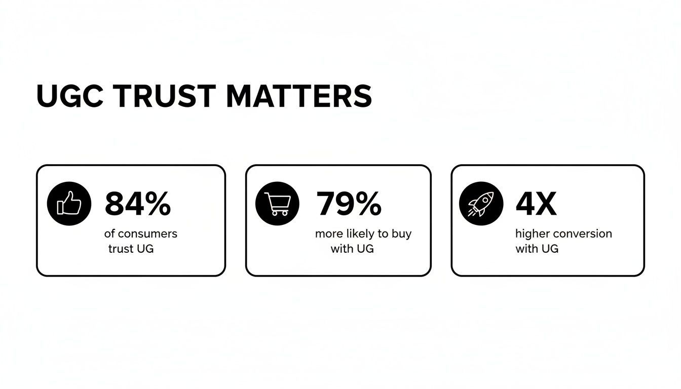 Una infografia titulada 'UGC Trust Matters' que mostra estadístiques sobre l'impacte del contingut generat per usuaris en la confiança, compres i conversió.