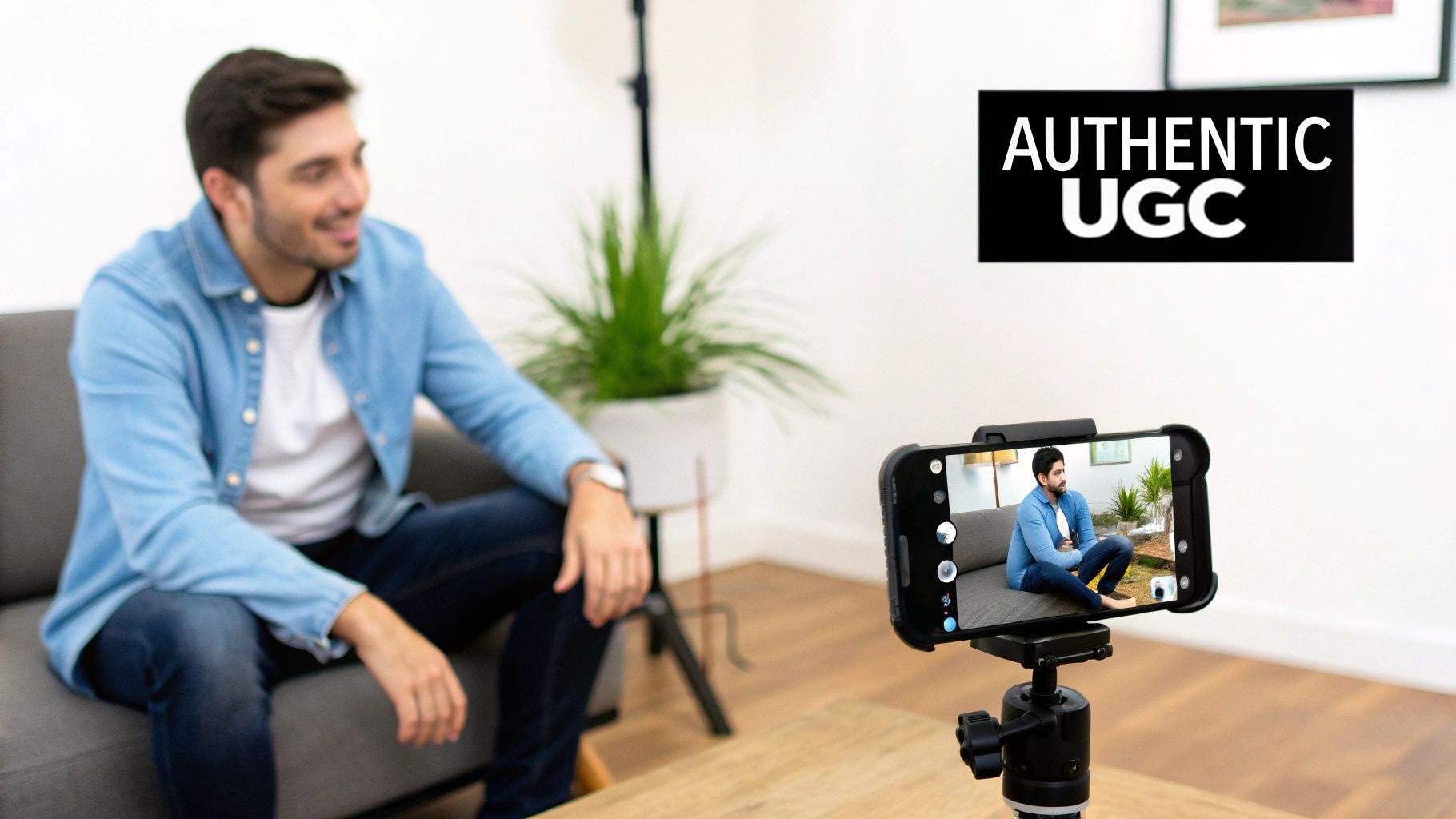 Un home somrient seu en un sofà, filmat per un smartphone en un trípode per a UGC autèntic.