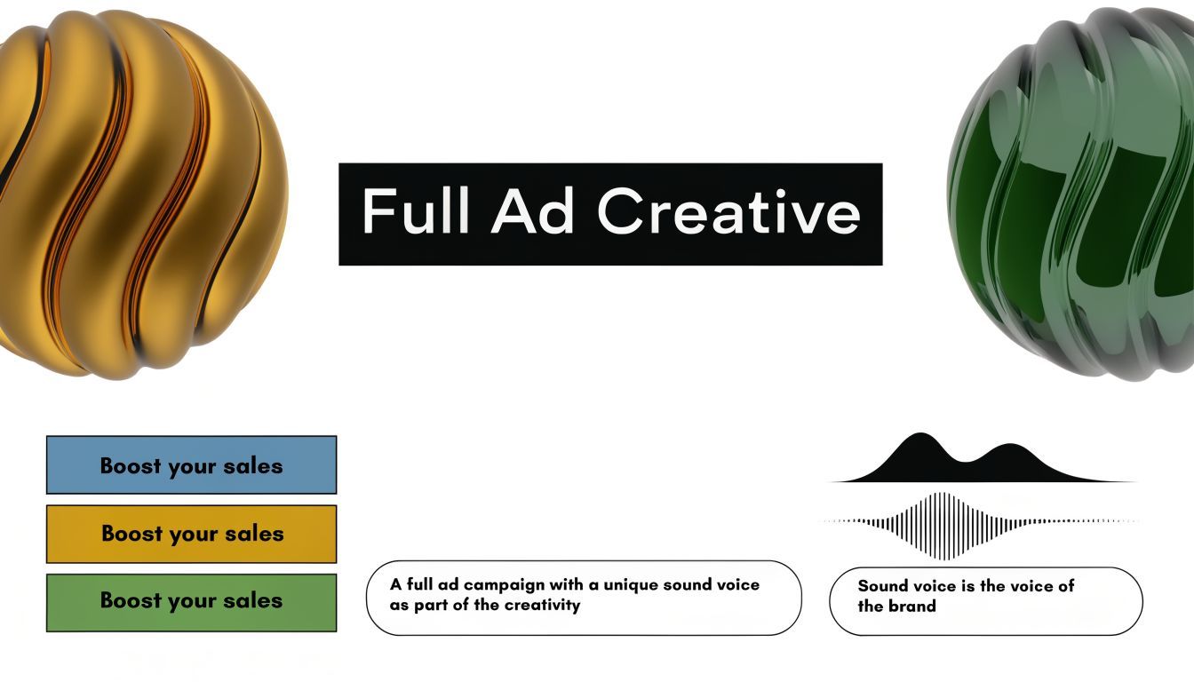 A graphic featuring the text Full Ad Creative, stylized abstract spheres, and sound wave design elements.