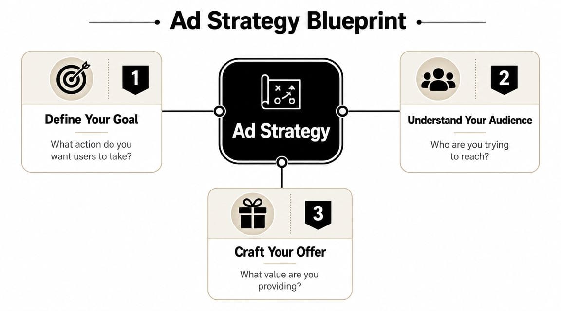 A diagram titled Ad Strategy Blueprint showing three key steps: Define Your Goal, Understand Your Audience, and Craft Your Offer.