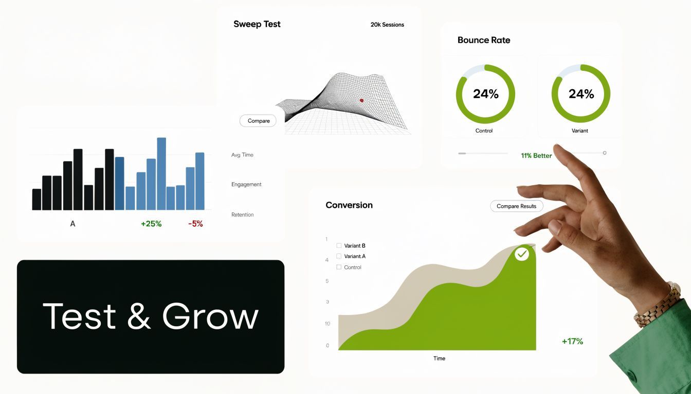 A digital dashboard displaying marketing analytics, conversion graphs, and A/B test results for business growth.