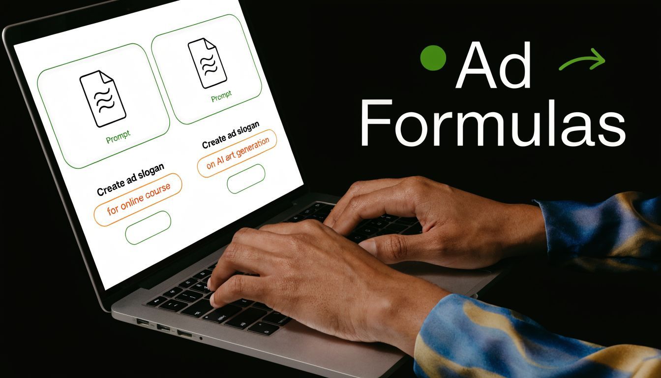 A person typing on a laptop screen displaying an AI interface for generating advertising slogans and prompts.