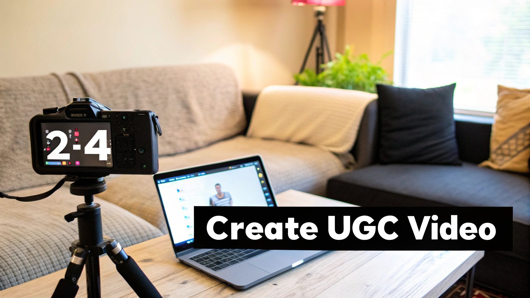 Una càmera en un trípode enregistra un portàtil que mostra una persona, amb una superposició de 'Crea Vídeo UGC'.