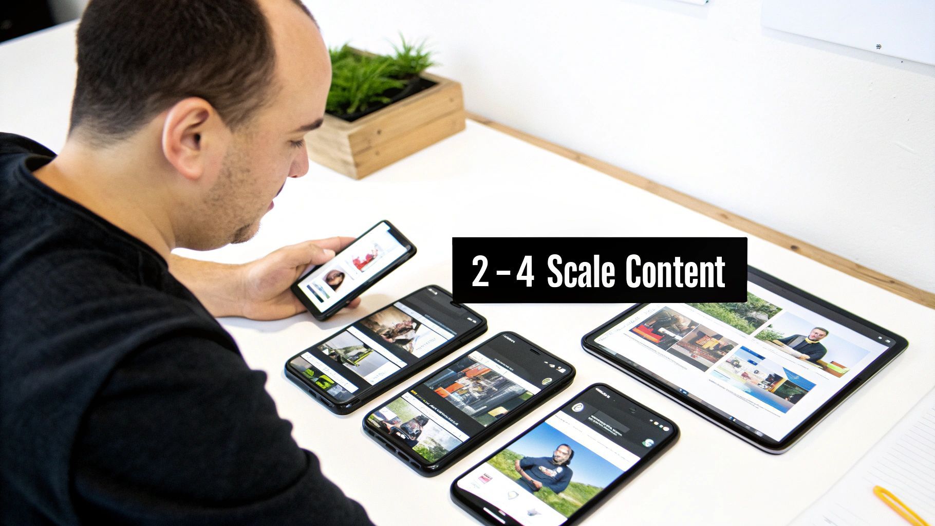 Un home visualitza contingut en múltiples smartphones i una tauleta, mostrant contingut digital escalable.