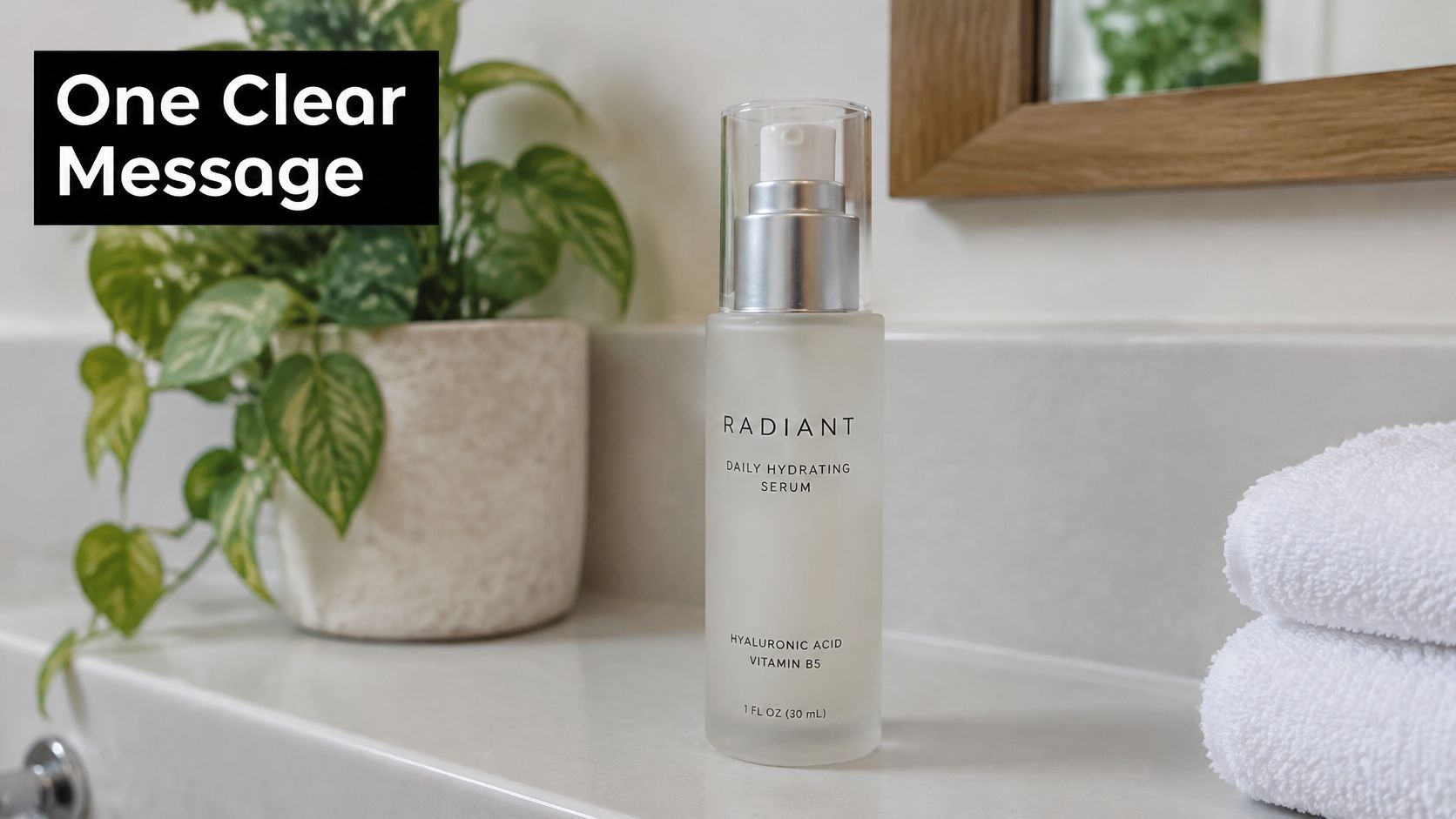 A glass bottle of Radiant daily hydrating serum with hyaluronic acid and vitamin B5 on a bathroom counter.