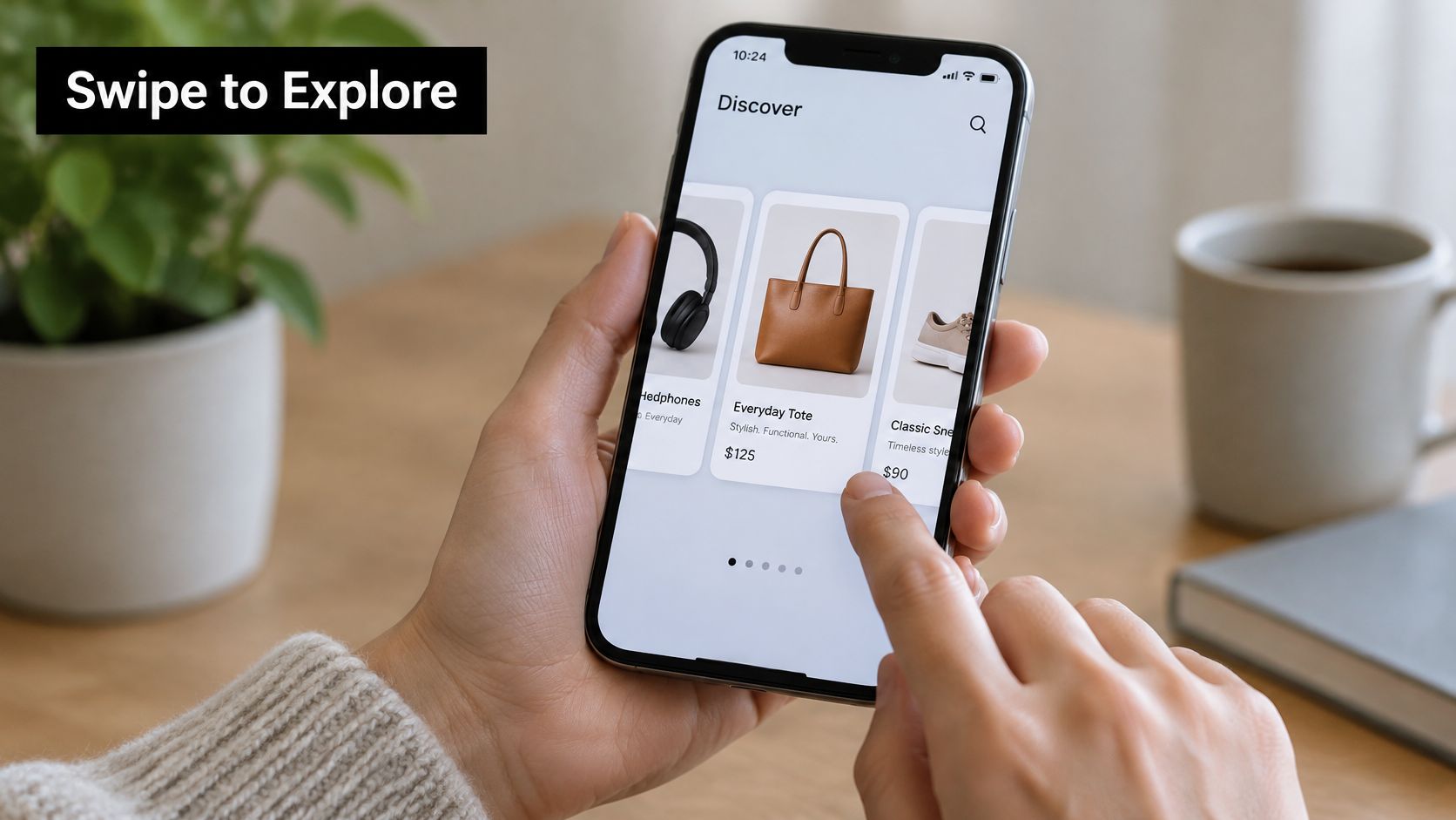 A person using a smartphone to shop online for products displayed in a mobile discovery app interface.