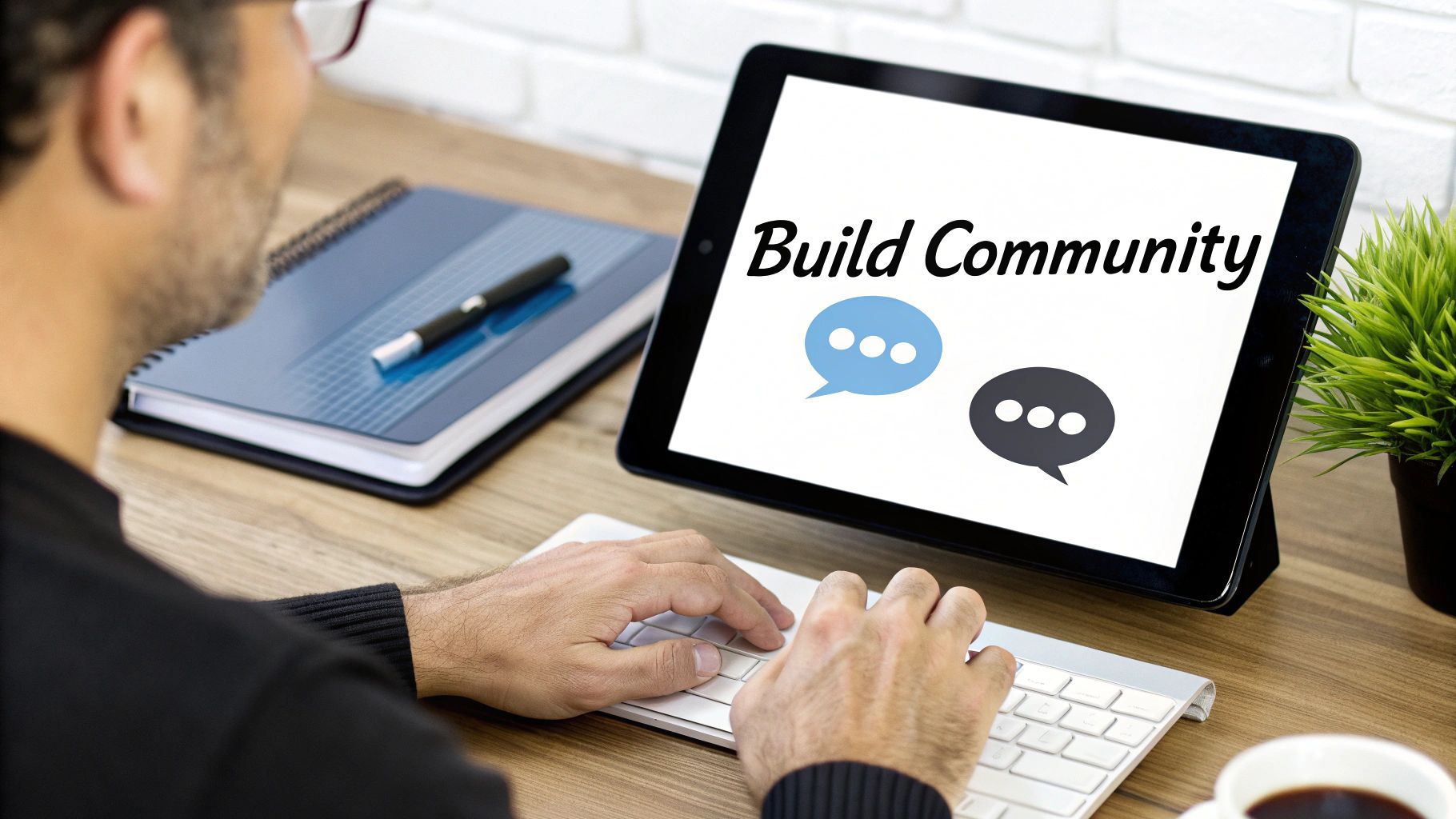 A group of diverse individuals gathered around a table, collaborating and sharing ideas in a positive and engaging community setting.