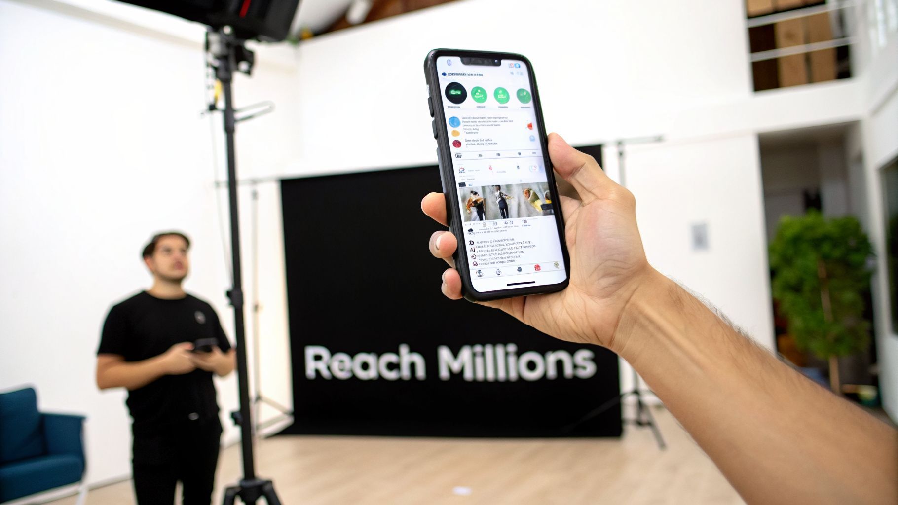 Una mà aguanta un smartphone que mostra una app de xarxes socials amb vídeos en un estudi lluminós. Una persona està dreta prop d'un fons de 'Reach Millions'.