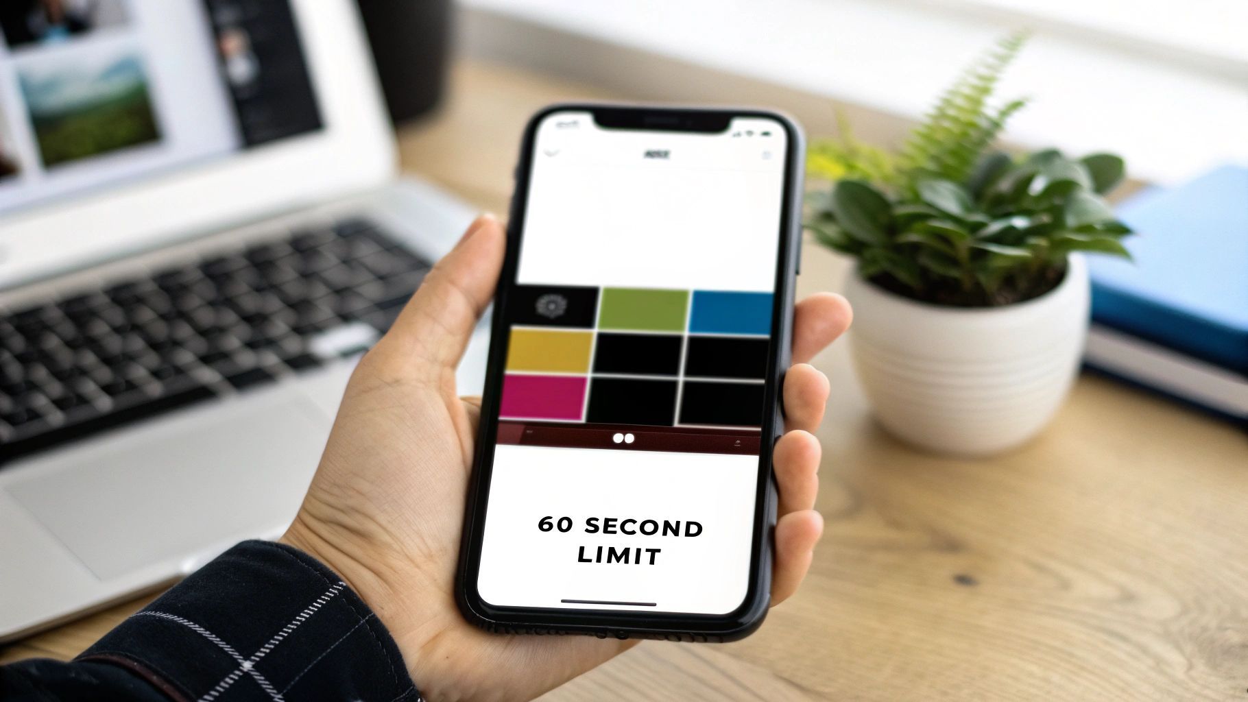 Nabybeeld van 'n hand wat 'n iPhone vashou wat 'n mobiele app wys met '60 SECOND LIMIT' op 'n lessenaar.