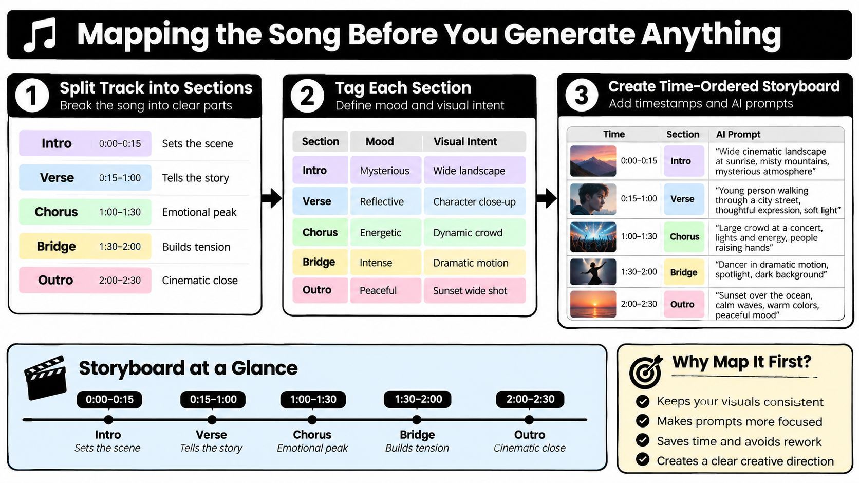 Una guia visual que explica com mapear una cançó en seccions per crear vídeos musicals generats per IA.