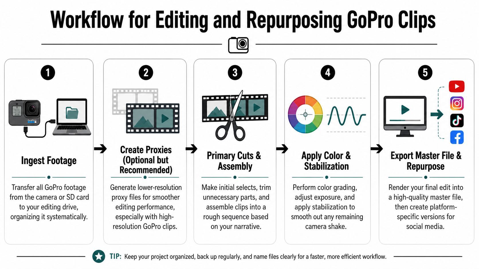 Un fluxograma de cinc passos que il·lustra el flux de treball professional per editar i reutilitzar filmació de vídeo GoPro.