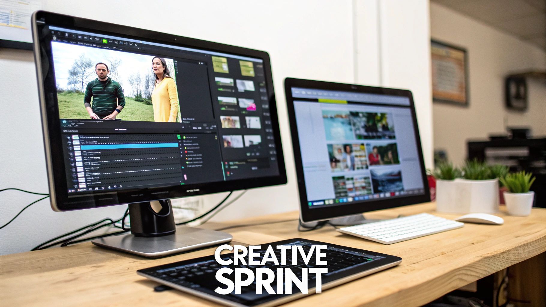 Dual-monitor creative workstation for video editing and web design, featuring a tablet, keyboard, and mouse.