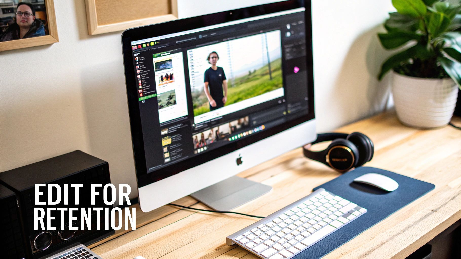 A close-up of a modern desk with an Apple iMac displaying video editing software, keyboard, mouse, headphones, and a plant.