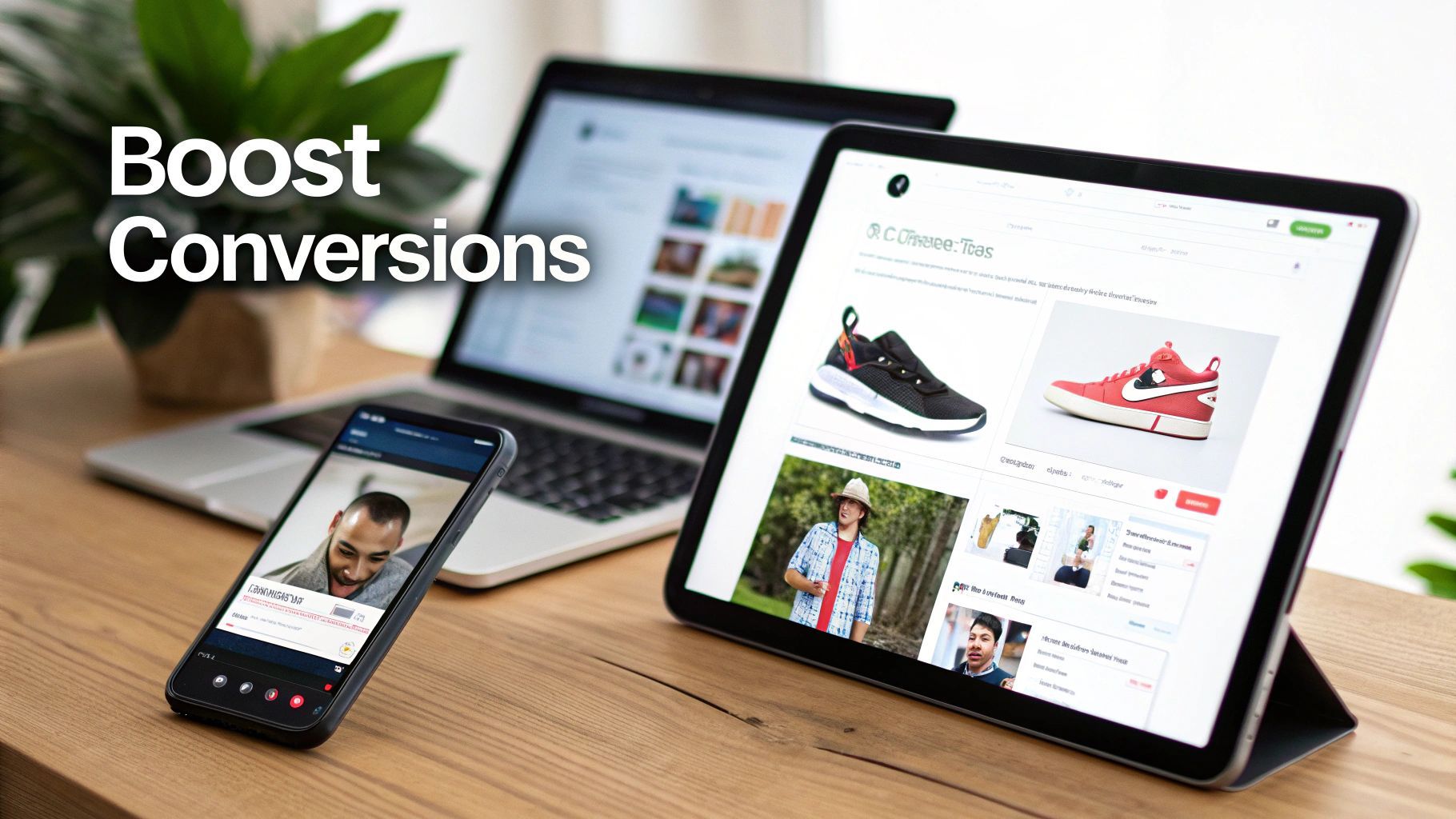 Laptop, tablet i smartfon na biurku, wyświetlające treści e-commerce i połączenie wideo, z tekstem „Zwiększ konwersje”.