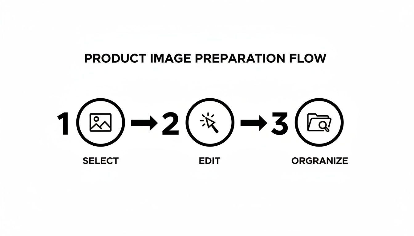 Diagram przepływu przygotowania obrazu produktu pokazujący trzy kroki: Wybierz, Edytuj i Organizuj z ikonami.
