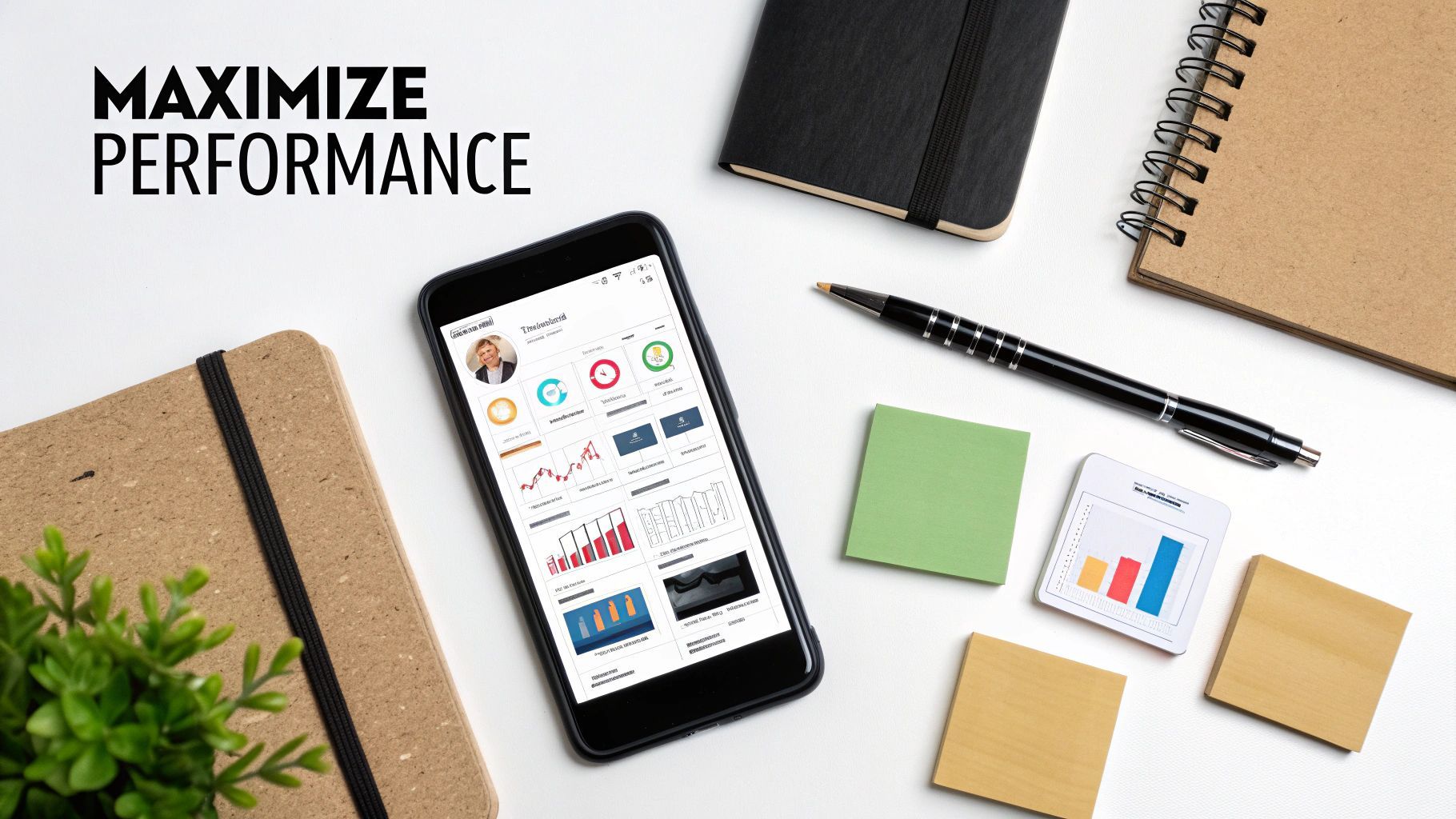 Zdjęcie z góry biurka ze smartfonem wyświetlającym dane, notesami, długopisem i karteczkami, z tekstem „ZMIEŃ WYDAJNOŚĆ NA MAKSIMUM”.
