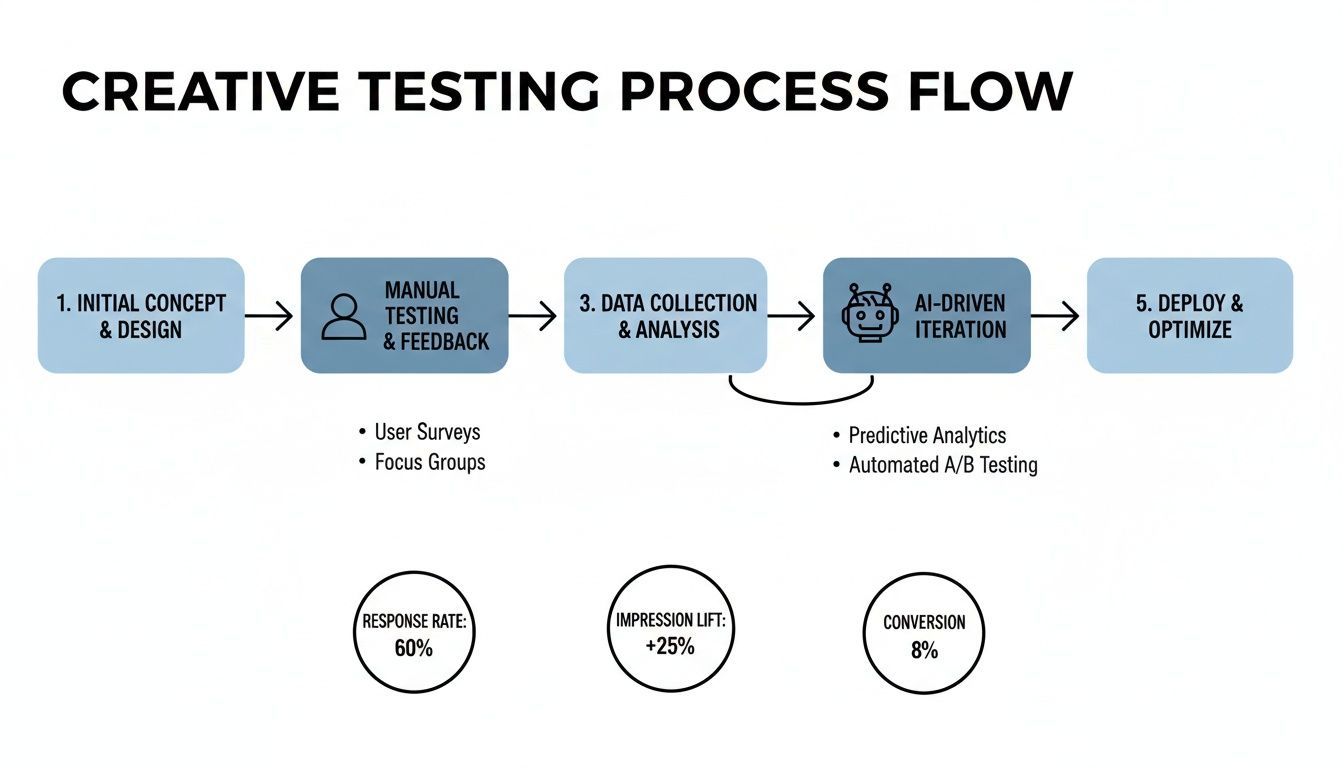 A five-step creative testing process flow diagram, from initial concept to AI-driven optimization, showing key metrics.