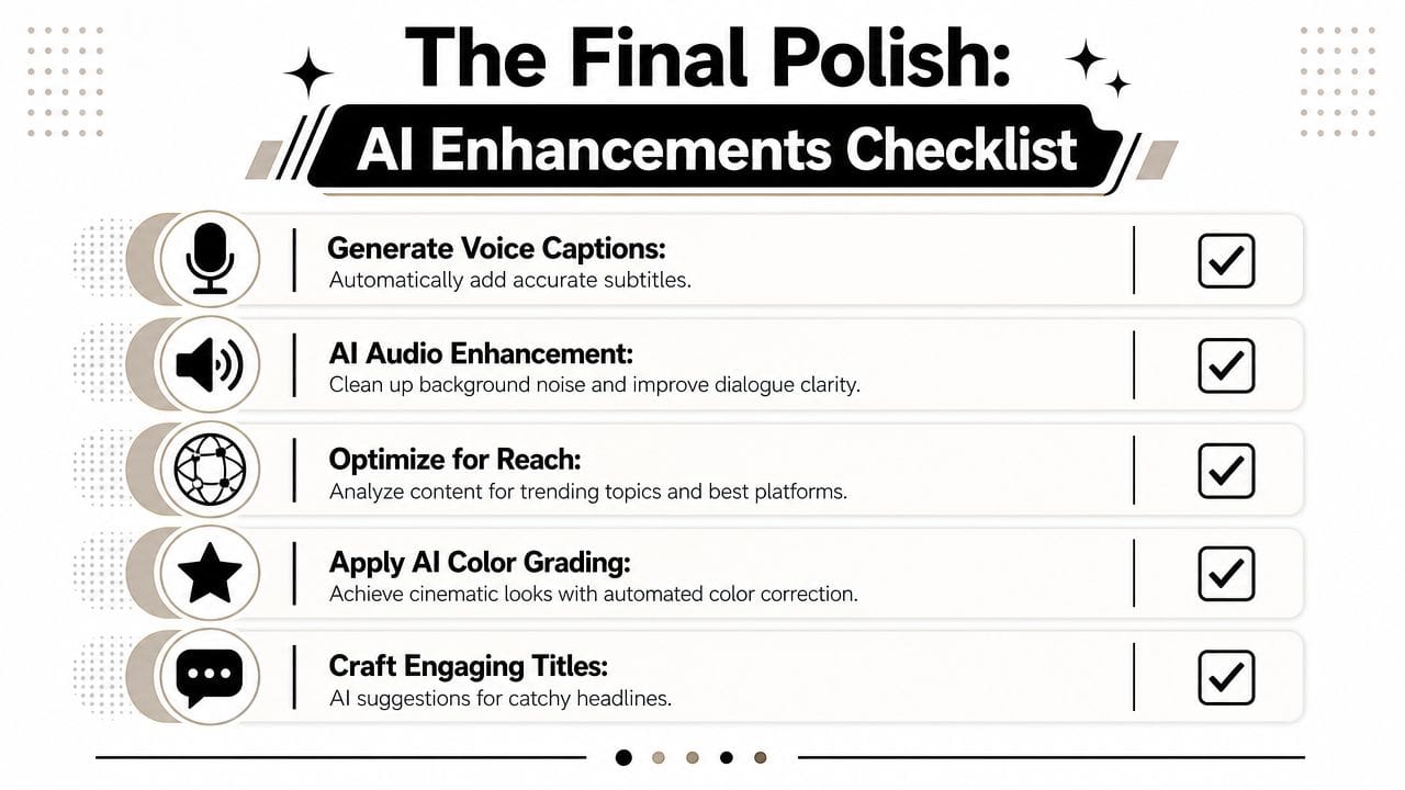 A checklist infographic titled The Final Polish showing five essential AI video enhancement tools for content creators.