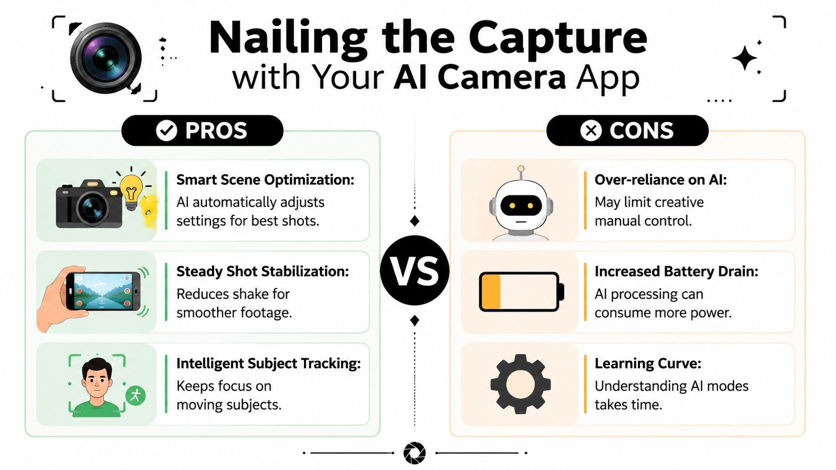 A comparison chart showing the pros and cons of using an AI camera app for photography.