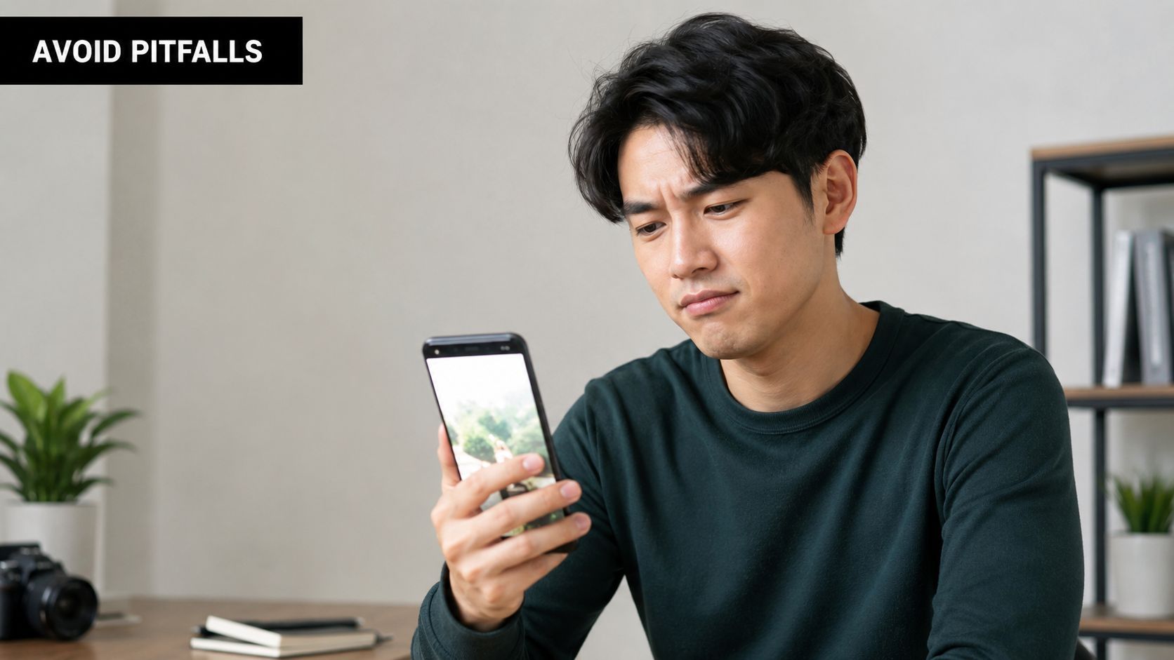 A concerned young man looking intently at his smartphone while sitting at a desk with camera equipment.