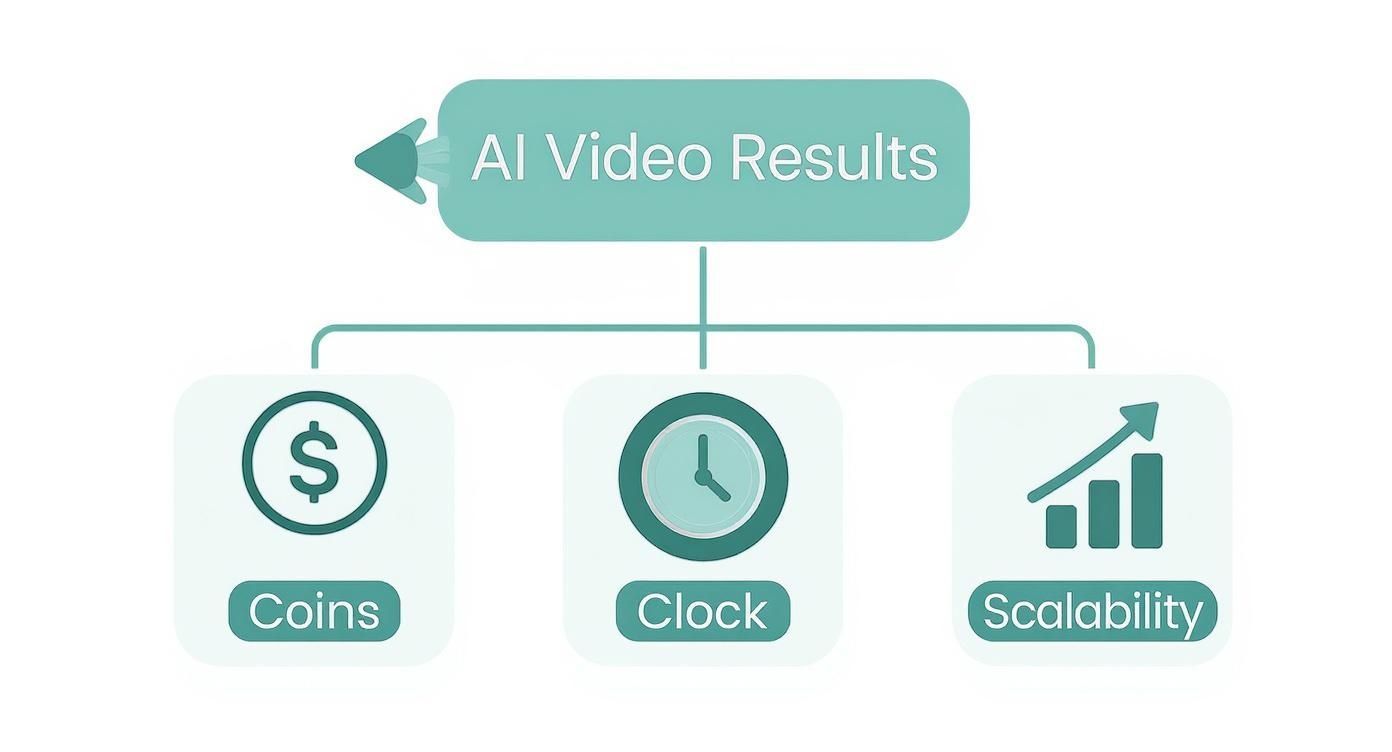 AI video results infographic showing three metrics: coins for cost, clock for time, and scalability chart