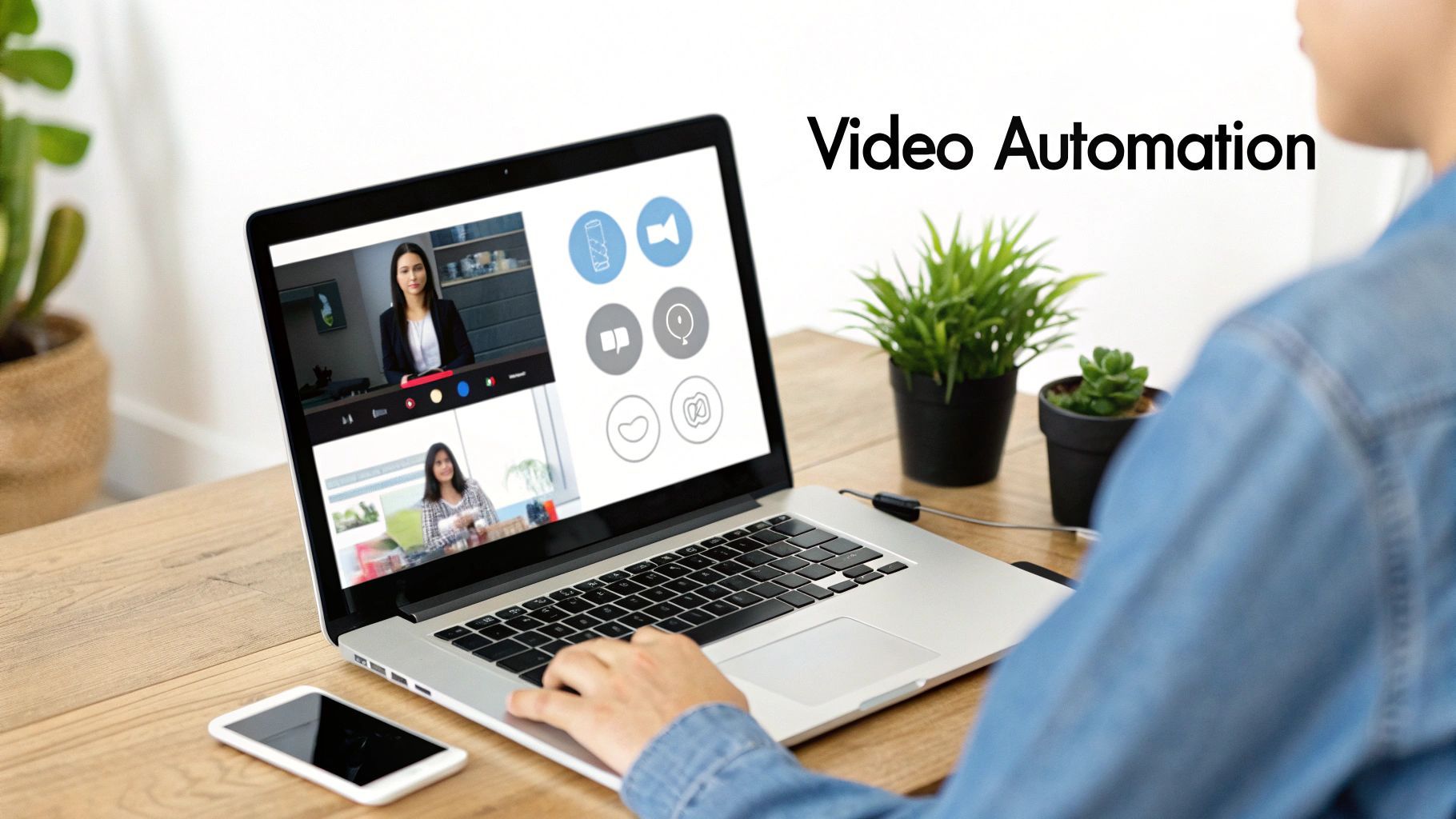 Person using laptop for video automation with video conferencing interface and feature icons displayed