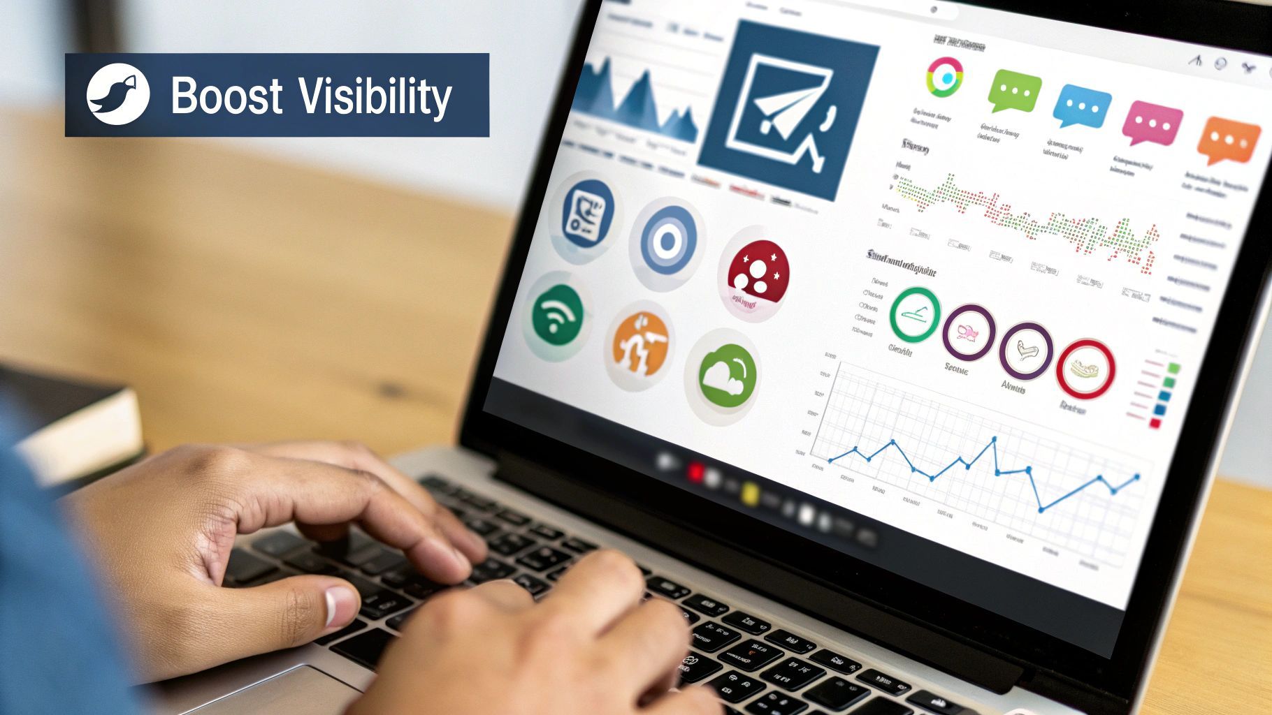 A social media manager optimizing a product video for different platforms on a laptop.