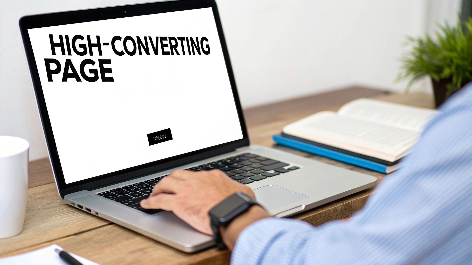 Orang mengetik di laptop yang menampilkan 'HIGH-CONVERTING PAGE', bekerja di meja kayu.