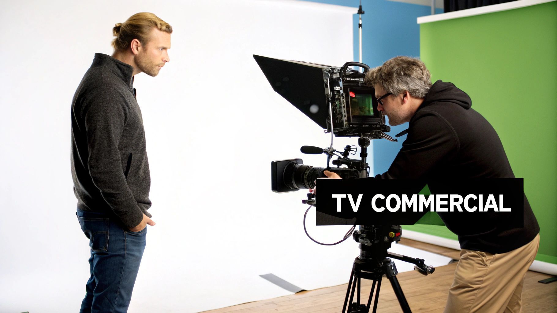 Seorang pria berdiri di set putih saat seorang kameramen memfilm produksi iklan TV.