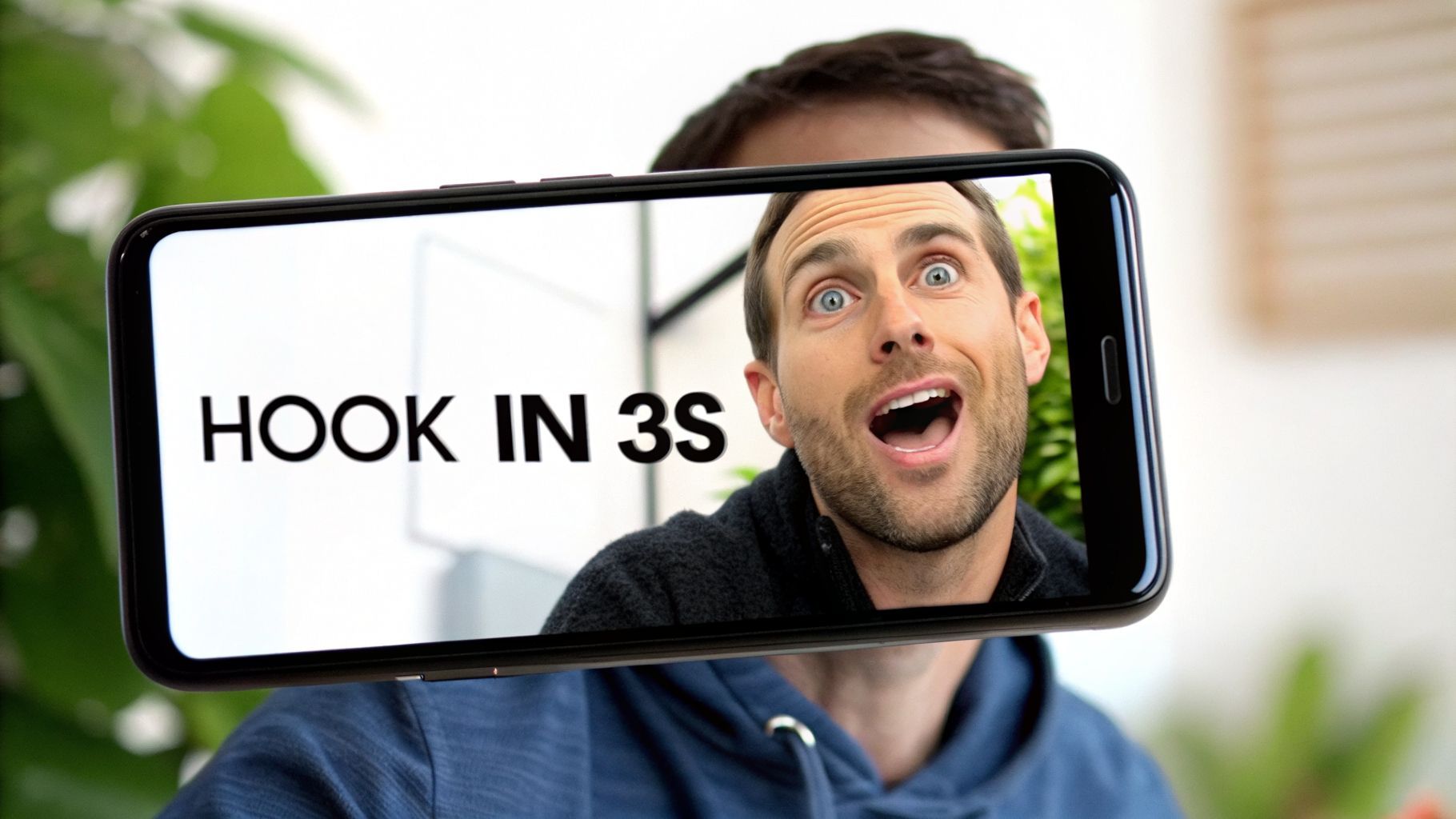 Smartfon wyświetlający ekran z zaskoczonym mężczyzną i tekstem 'HOOK IN 3S', trzymany przed osobą.
