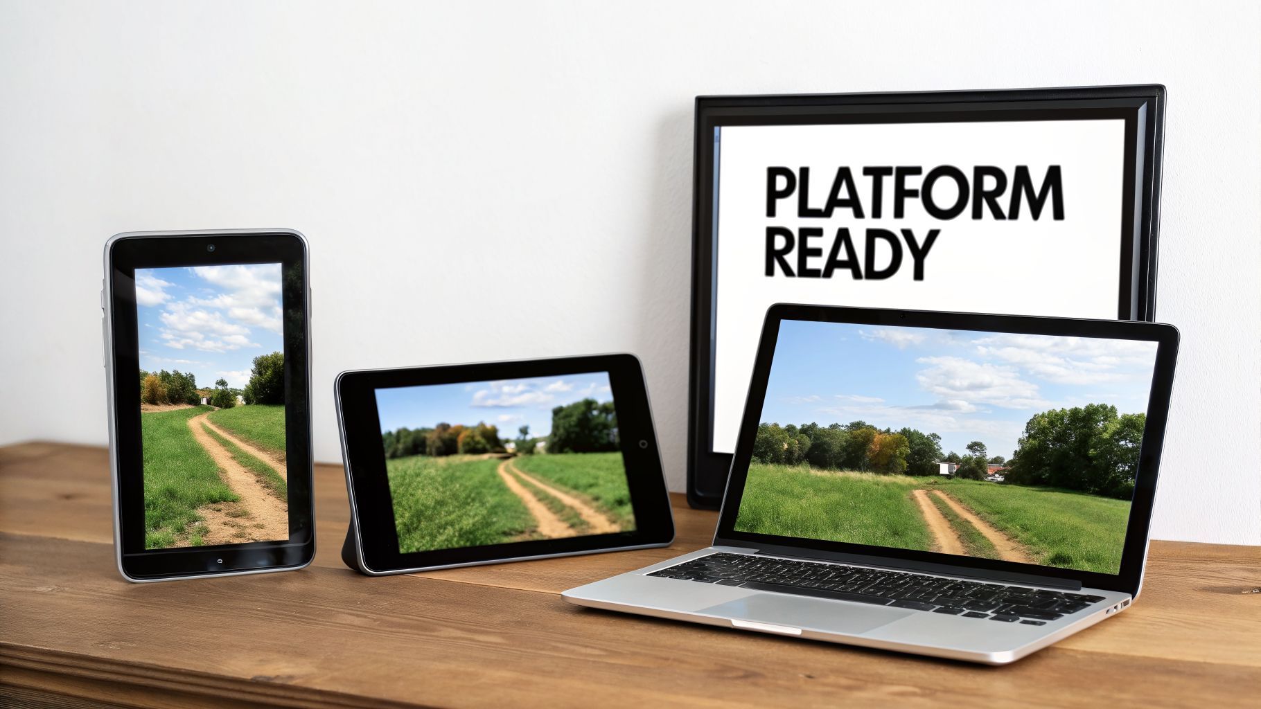 Różne urządzenia cyfrowe wyświetlające ścieżkę polną, z tablicą 'PLATFORM READY' za nimi.