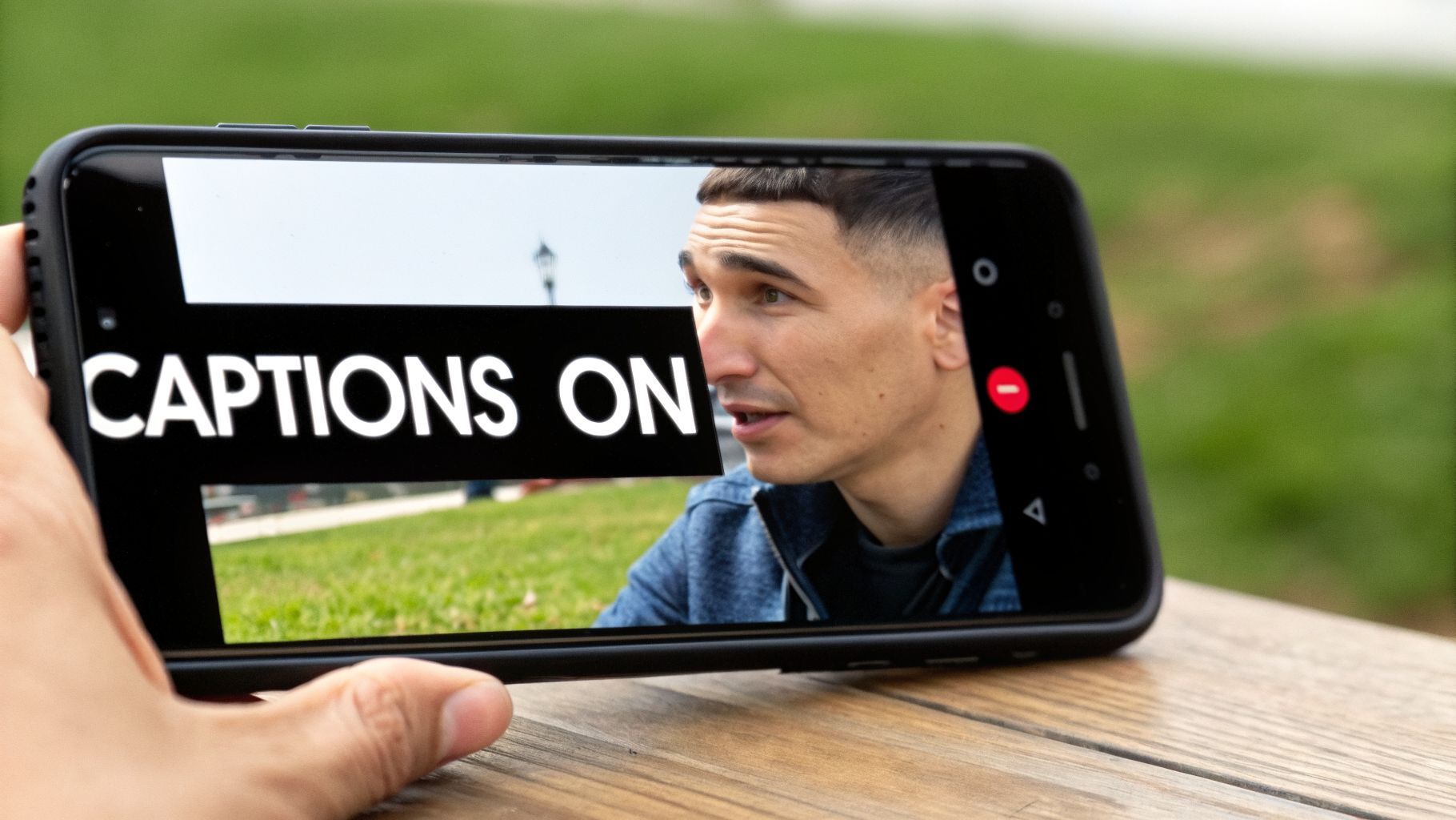 Ręka trzymająca smartfona wyświetlającego wideo z mężczyzną i nakładką tekstową 'CAPTIONS ON'.