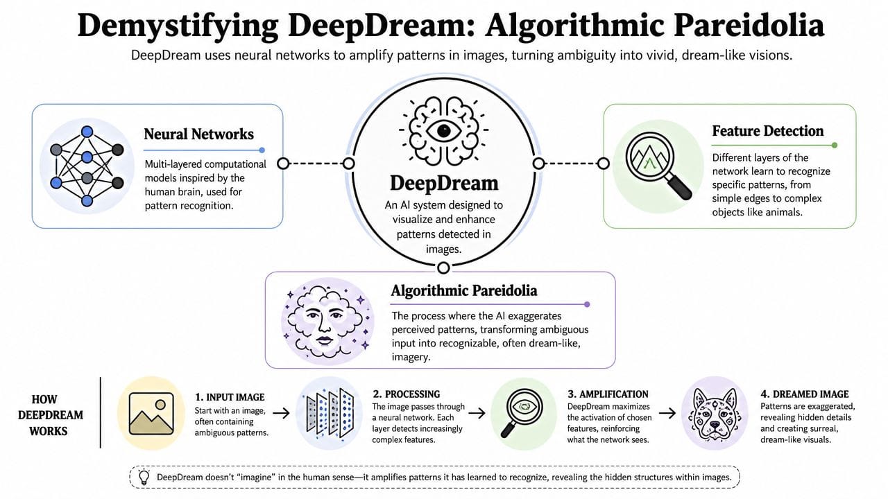 Una infografia que explica com funciona l'algoritme d'intel·ligència artificial DeepDream utilitzant xarxes neuronals i amplificació de patrons.
