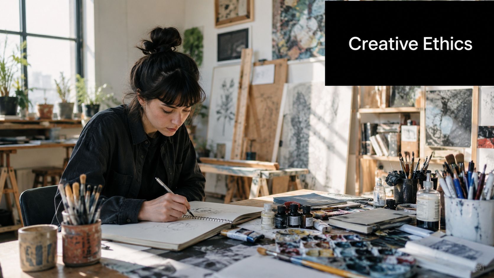 Una artista femenina concentrada dibuixant en un quadern d'esbossos dins d'un estudi d'art solejat, organitzat i professional.