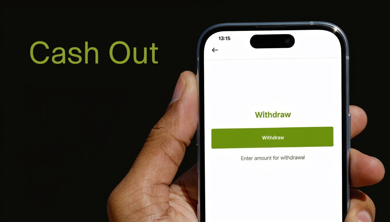 Un smartphone agafat a la mà mostrant una interfície d'app mòbil per retirar fons d'un compte.