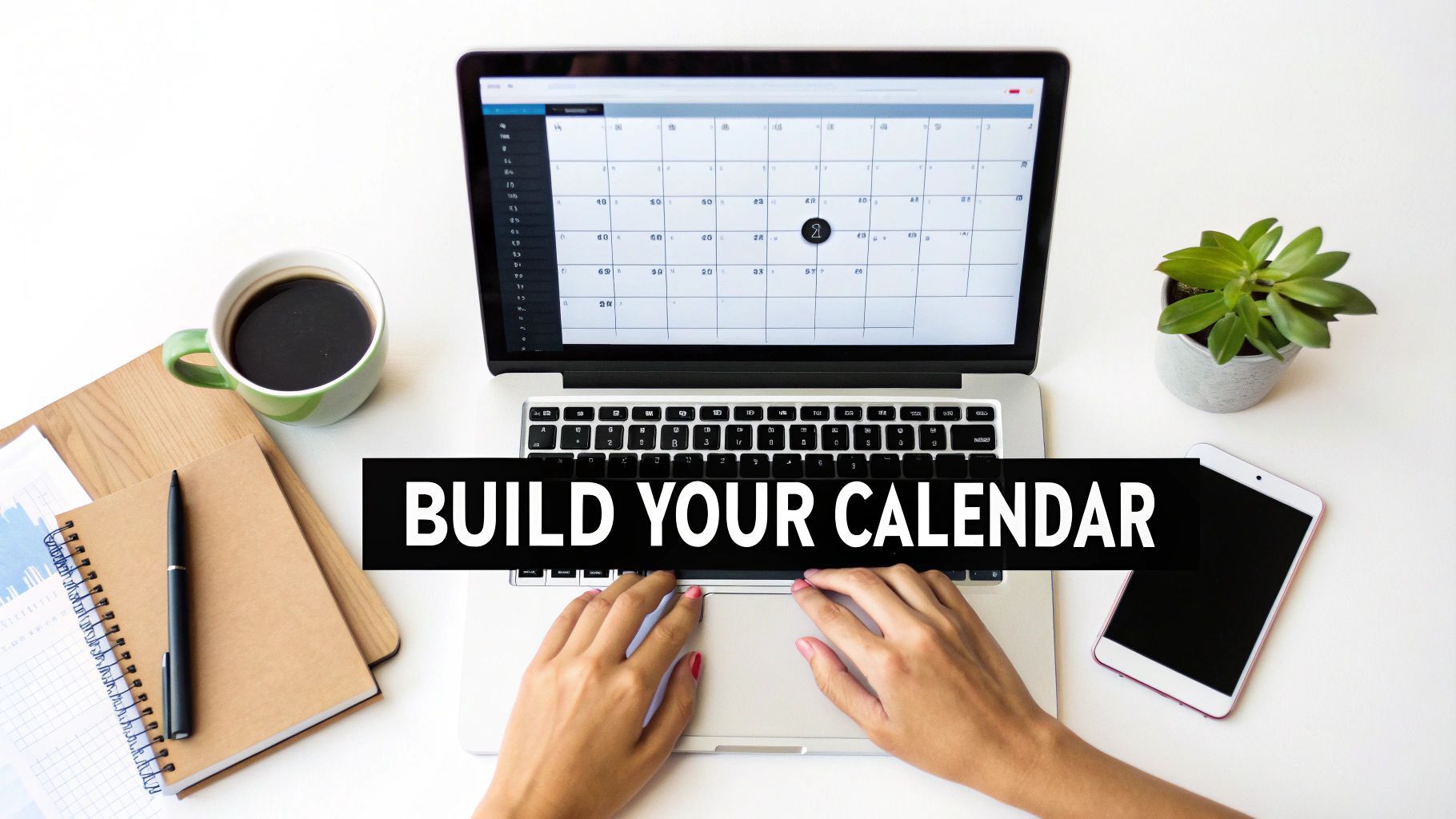 Personne tapant sur un ordinateur portable affichant un calendrier numérique avec du café, un carnet et une plante sur le bureau