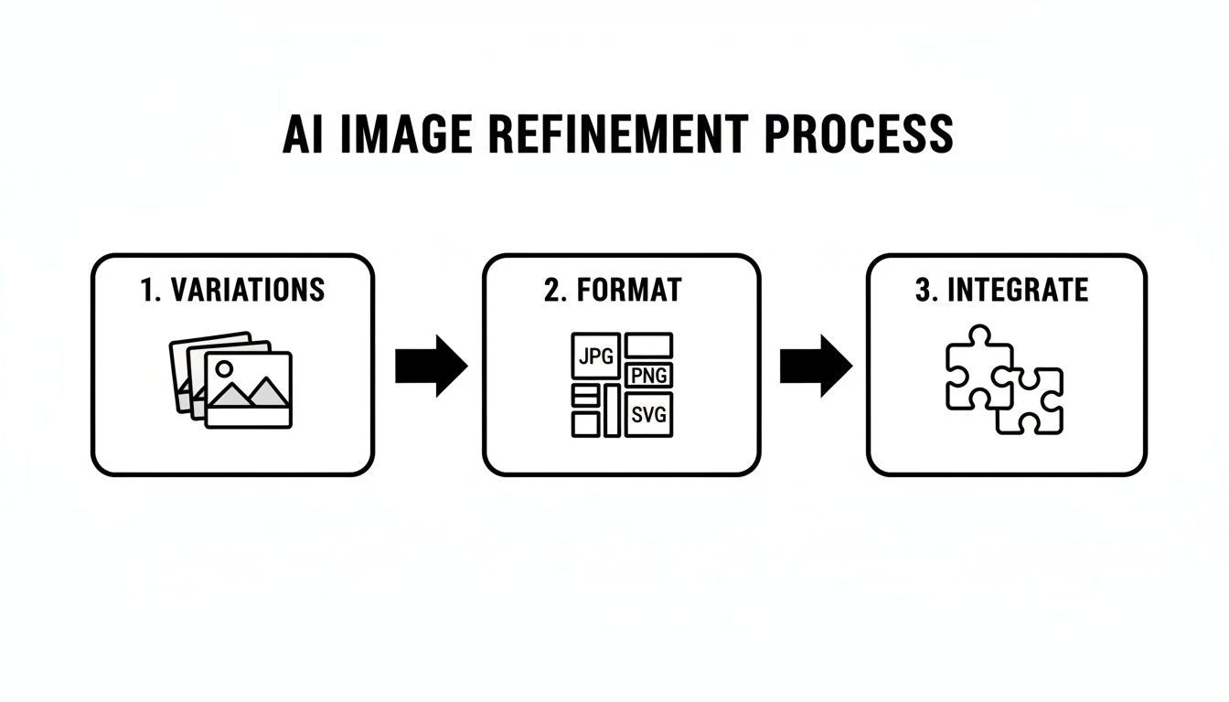 Diagrama mostrant passos en el refinament d'imatges AI: variacions, selecció de format (JPG, PNG, SVG) i integració.