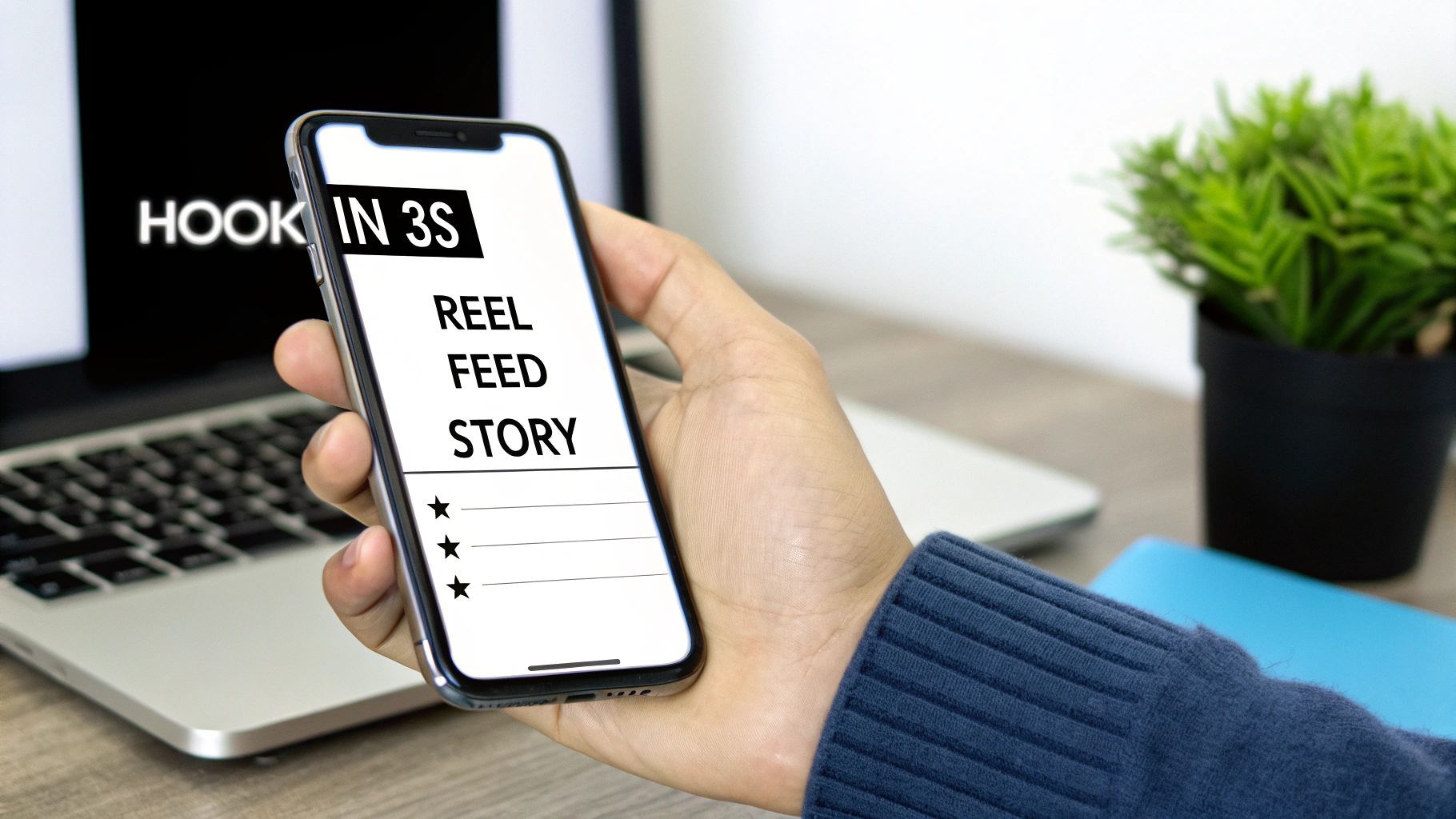 A person holds a smartphone displaying 'REEL FEED STORY' social media strategies with a laptop showing 'HOOK IN 3S' in the background.
