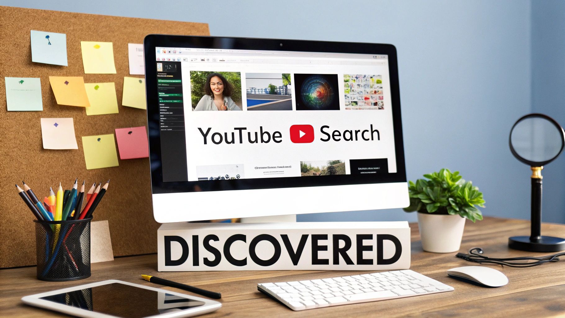 Un espai de treball modern d'escriptori amb un monitor que mostra la cerca de YouTube, teclat, ratolí, tauleta i un rètol de 'DISCOVERED'.