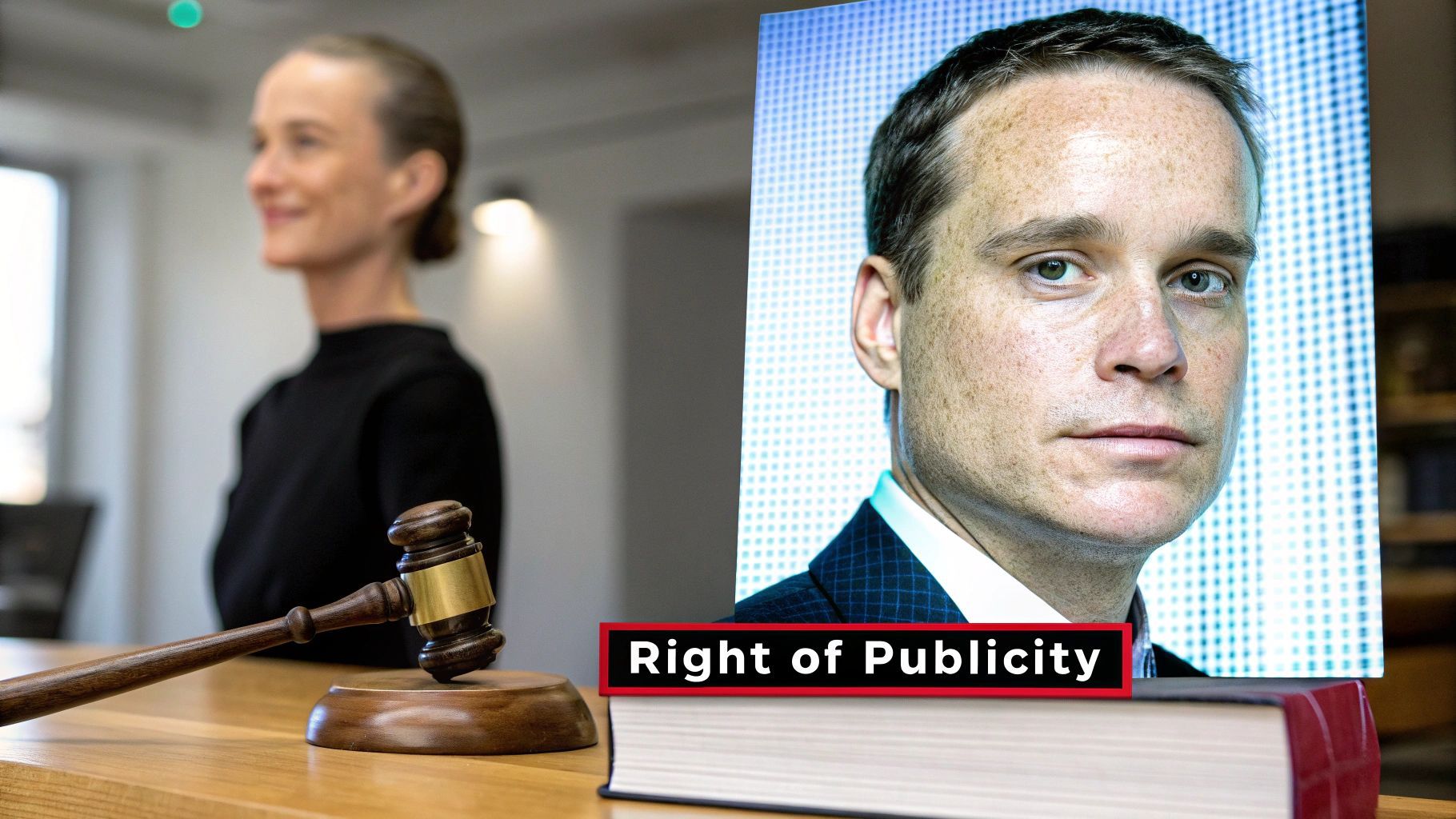 Un marteau de justice et un livre intitulé « Right of Publicity » avec le portrait d’un homme, suggérant des thèmes légaux.