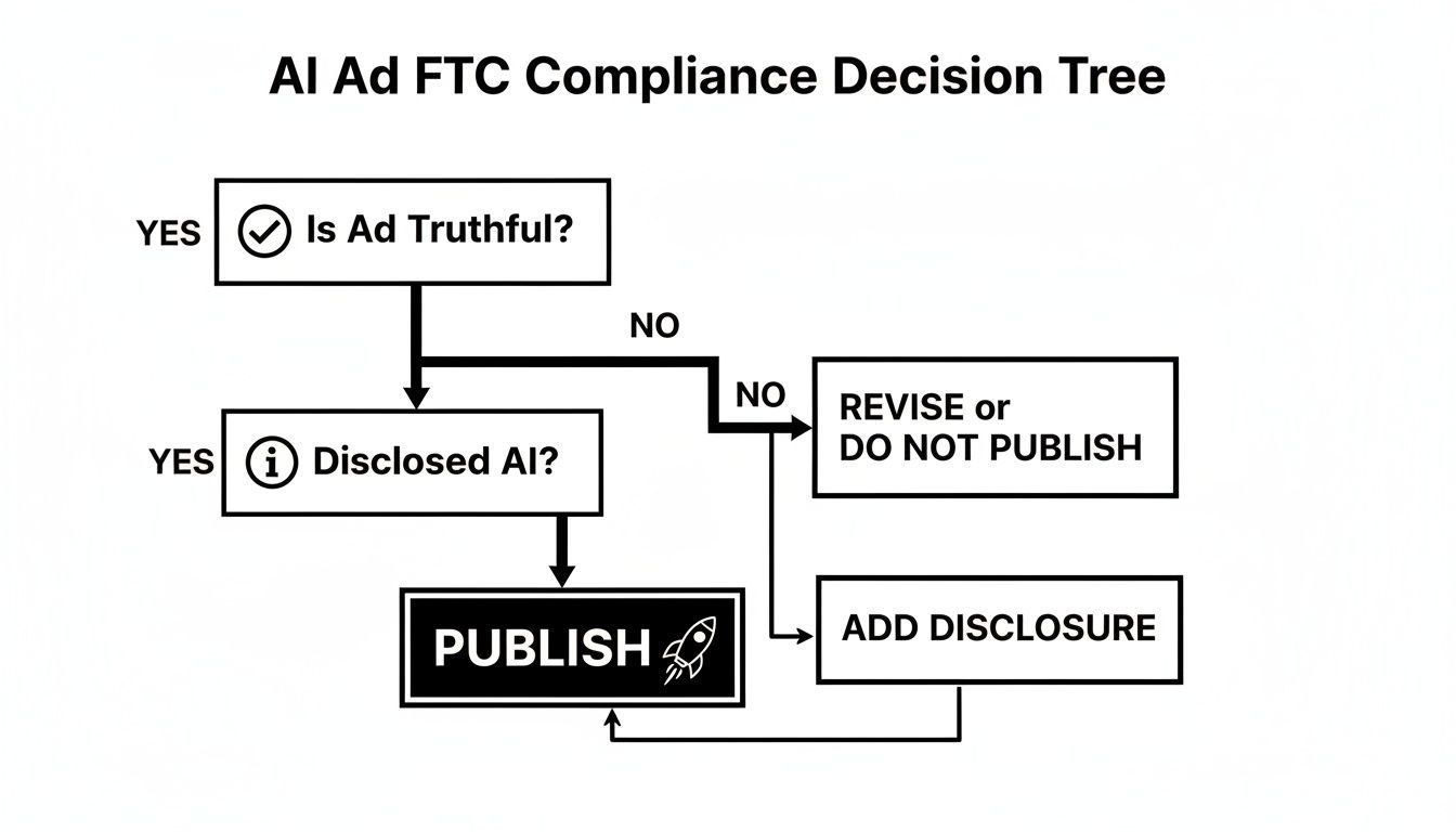 Arbre de décision pour la conformité FTC des pubs IA, guidant sur la véracité, la divulgation IA et la publication.