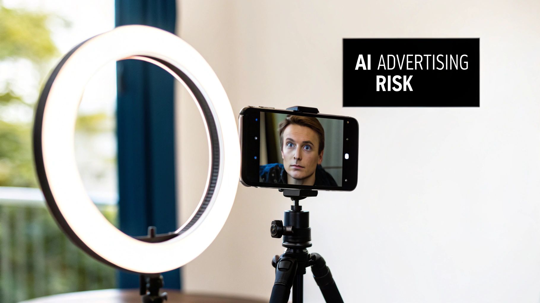 Un smartphone sur un trépied filme un homme surpris, à côté d’un anneau lumineux, avec le texte « AI ADVERTISING RISK ».