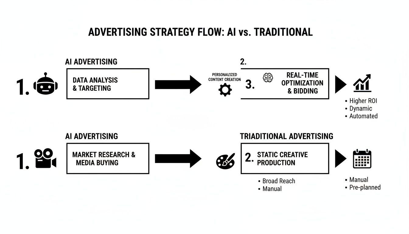 Flowchart comparing AI advertising strategy with traditional methods, showing steps and benefits.