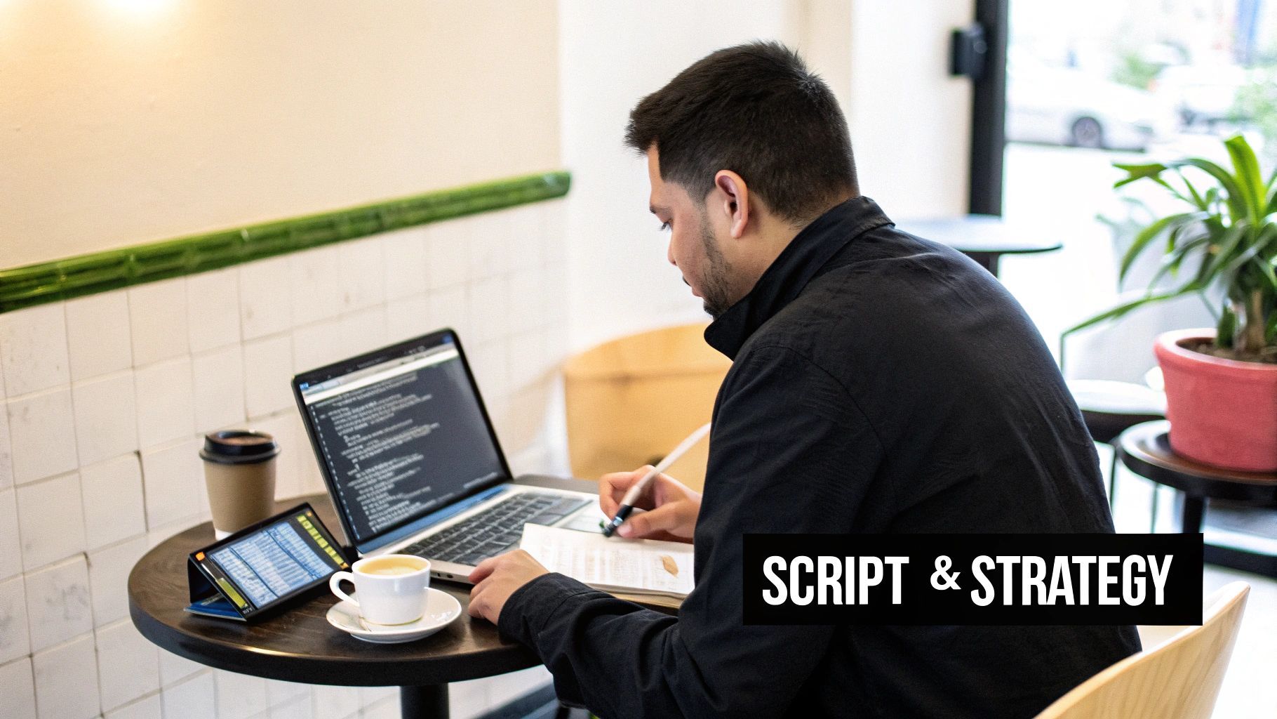 A man works on a laptop with code and writes in a notebook at a cafe table with coffee.
