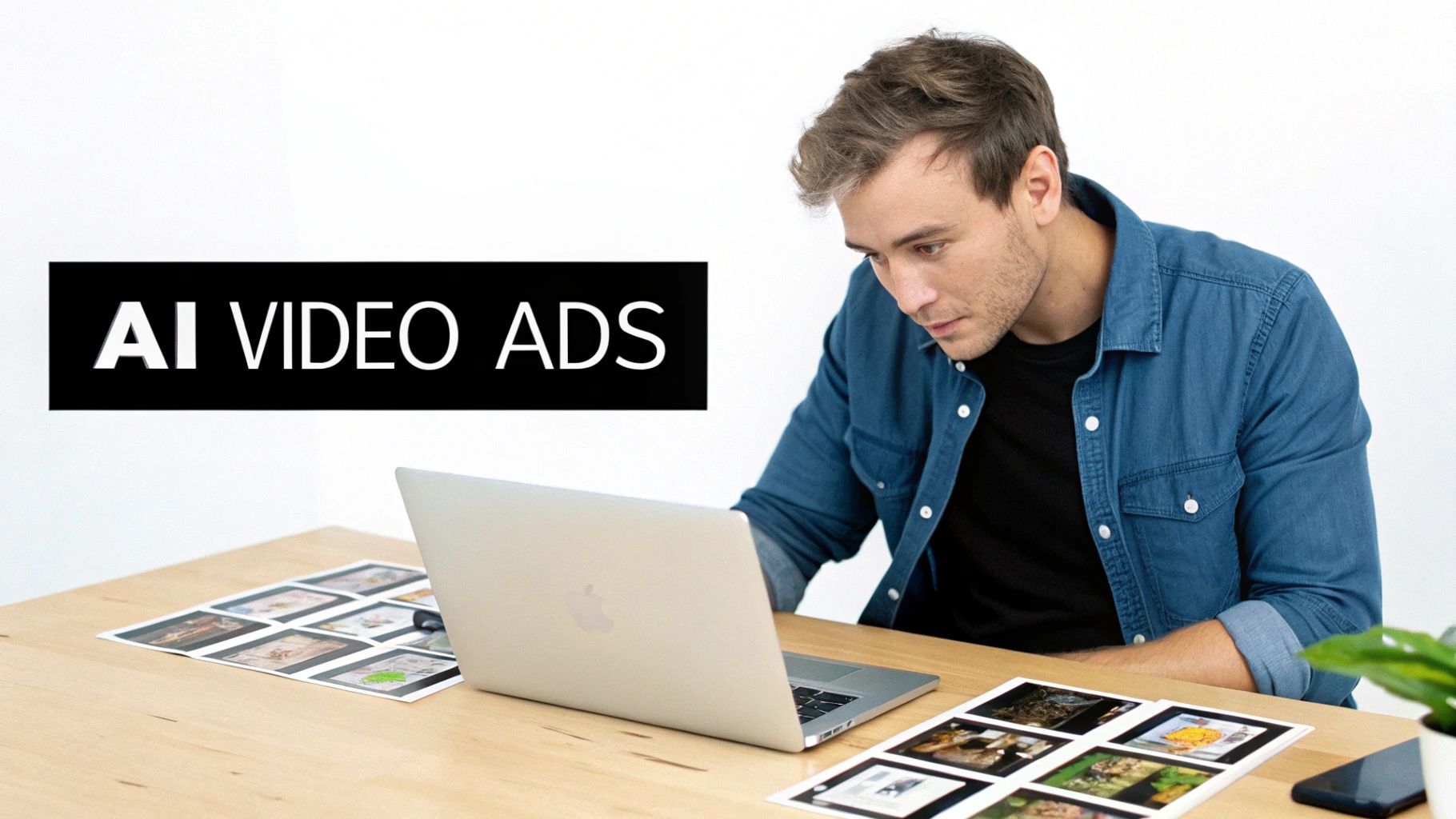 رجل يستخدم جهاز كمبيوتر محمول على مكتب، يراجع صوراً مطبوعة، مع لافتة 'إعلانات فيديو AI'.