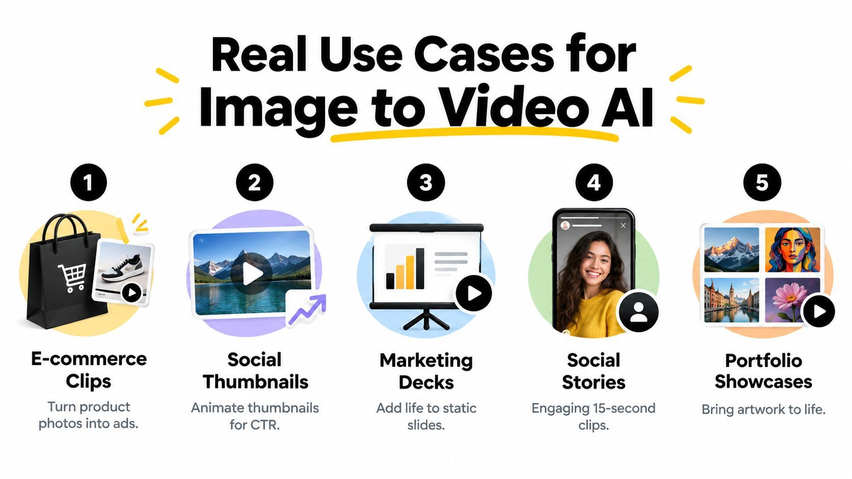 En infografik, der illustrerer fem virkelige use cases for kunstig intelligens-teknologi, der konverterer statiske billeder til videoinhold.