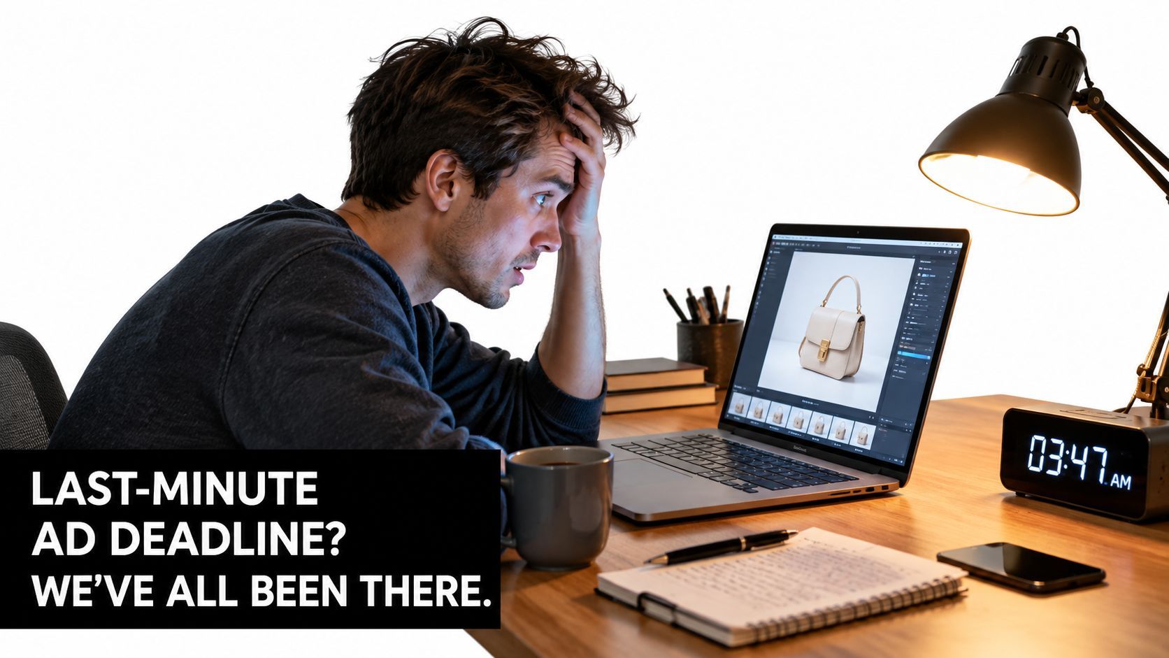 En stresset designer, der arbejder sent om aftenen på en laptop og redigerer produktbilleder til en annoncefrist.
